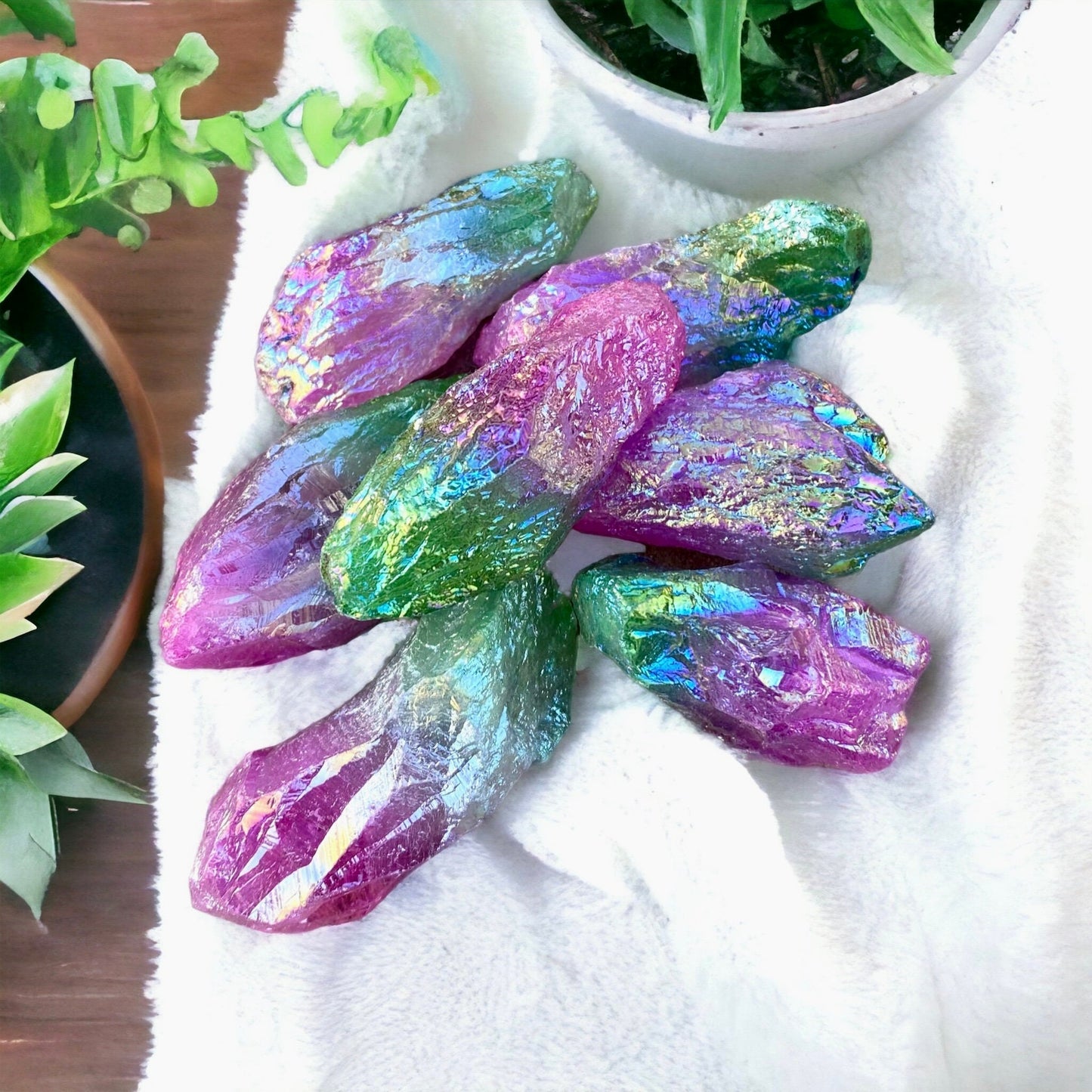 Iridescent Aura Quartz Crystal Point: Unicorn Energy, Rainbow Shimmer