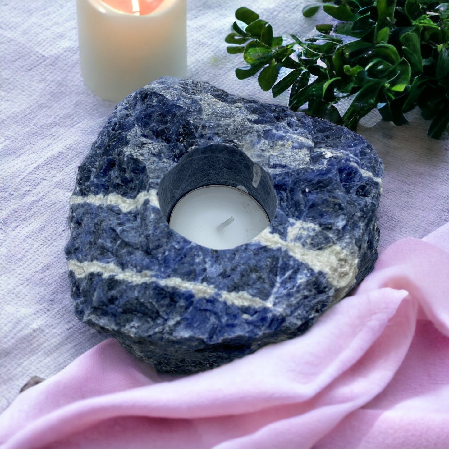 Raw Sodalite Crystal Candle Holder: Tranquility & Cosmic Energy