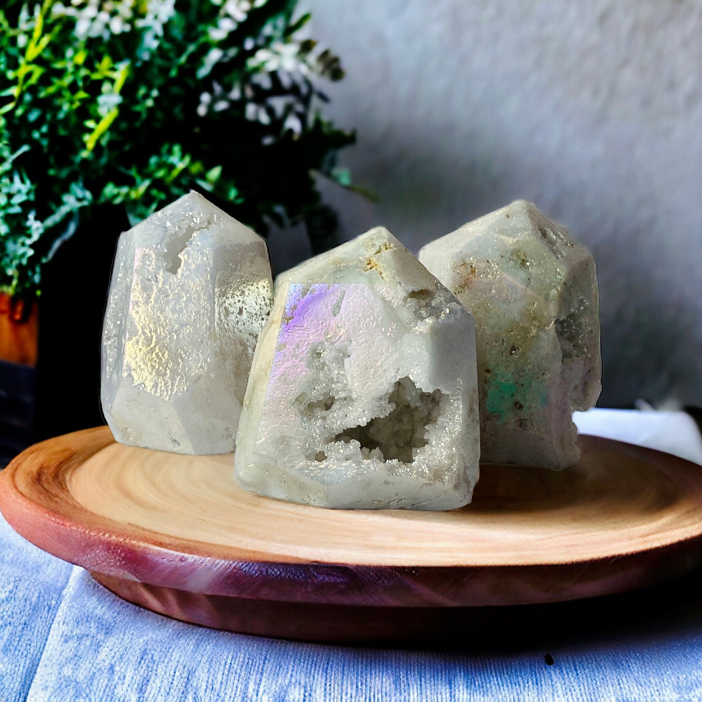 Angel Aura White Quartz Crystal Tower: Iridescent Druze