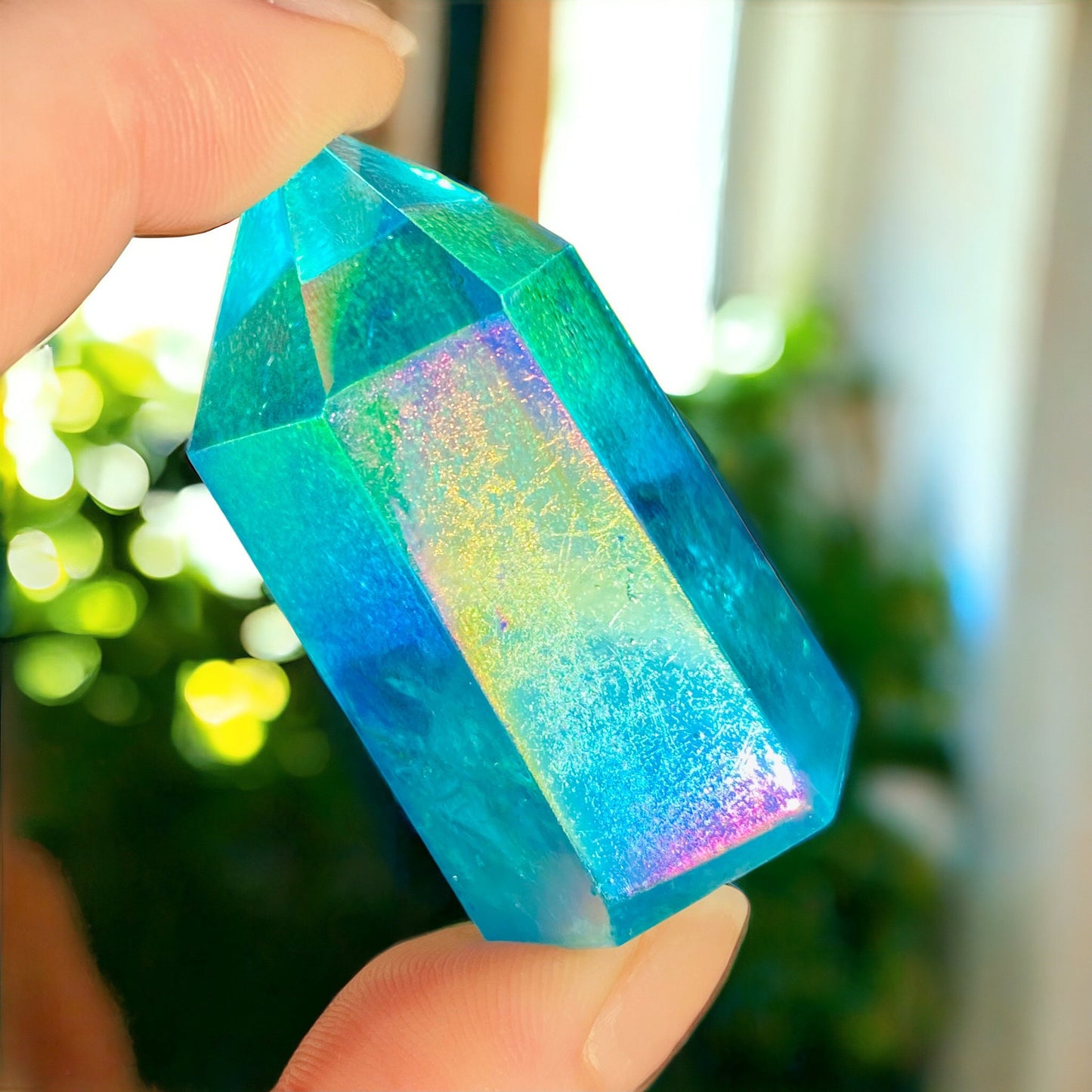 Aqua Aura Quartz Crystal Point: Spiritual Healing Obelisk