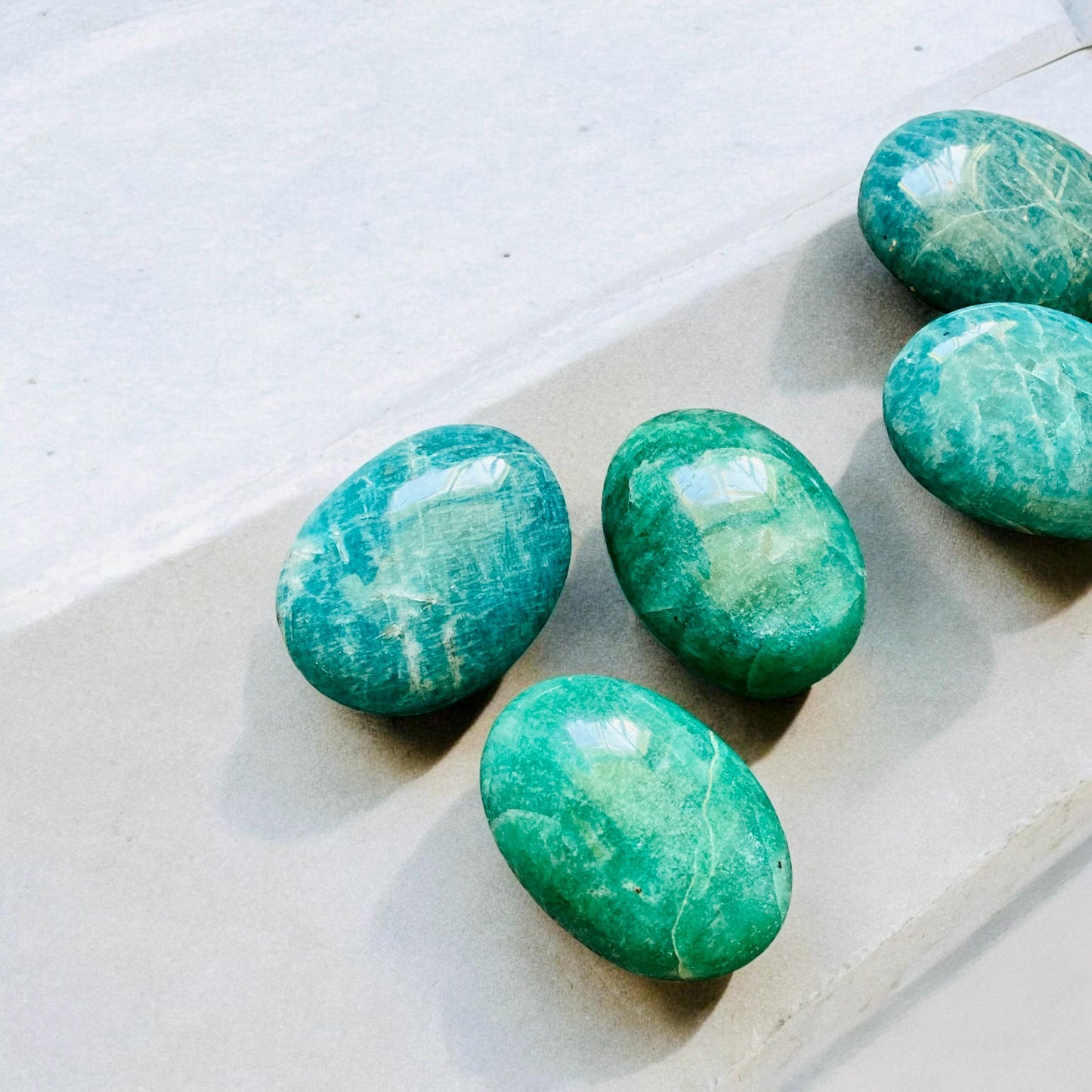 Amazonite High Quality Crystal Palm Stones - Luna by Louise, Crystal Shop UK | Soothing and Empowering Stone for Calm