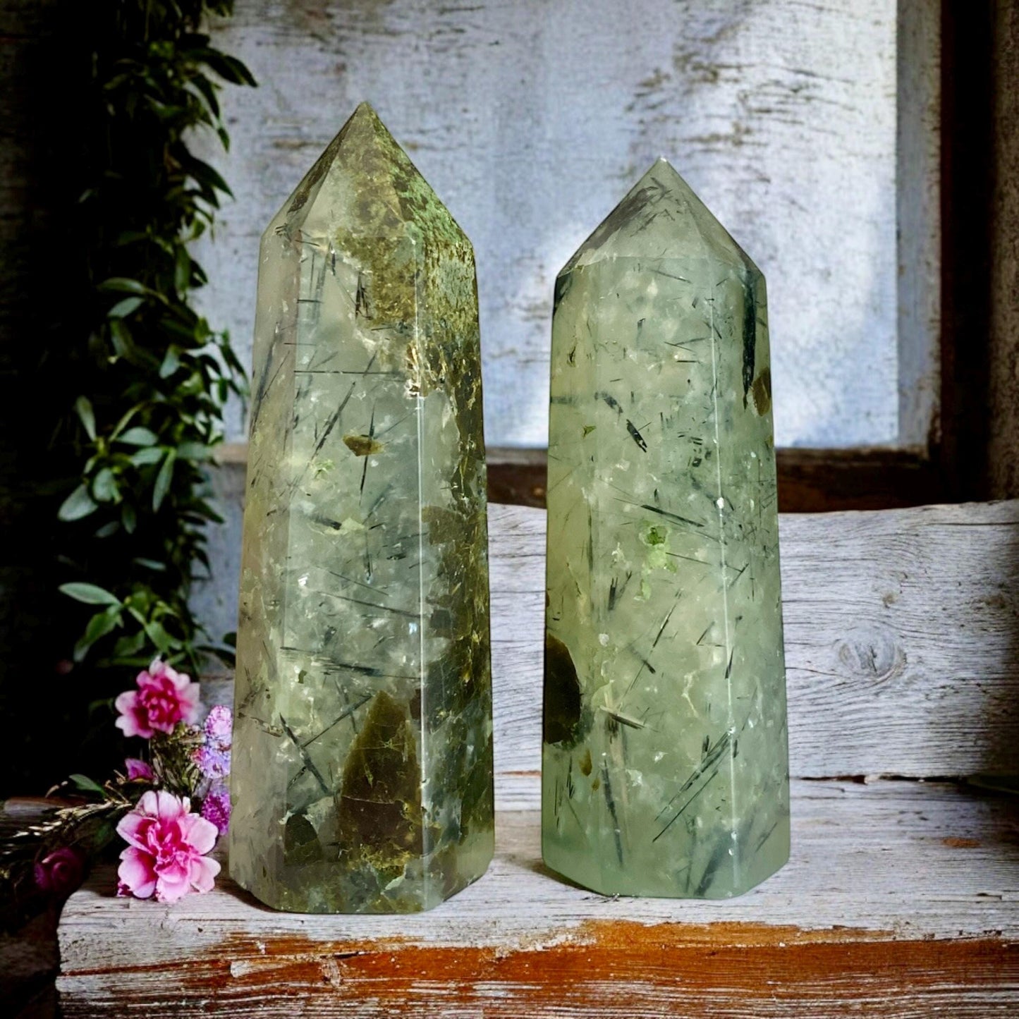 Prehnite Crystal Point with Black Tourmaline Rutile - Healing Stone