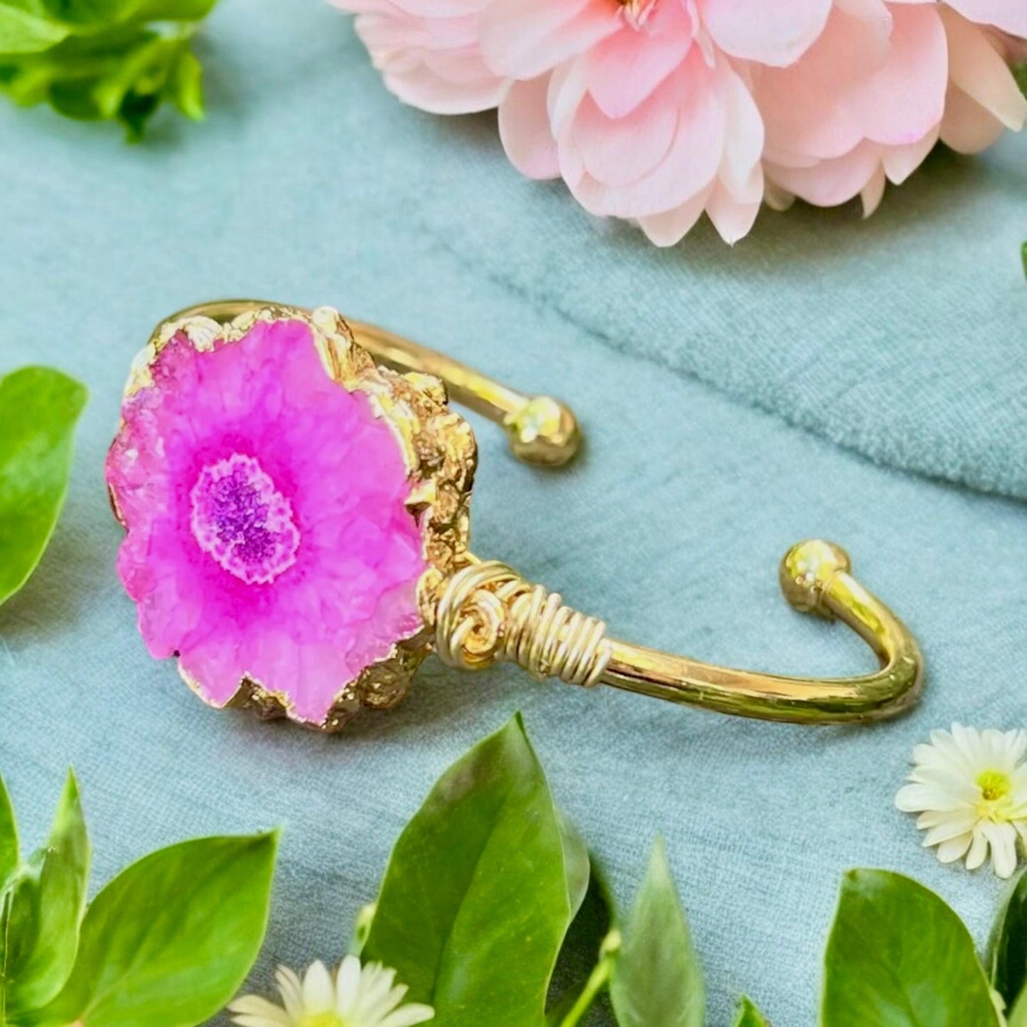 Handmade Pink Agate Cuff Bangle: Gold Plated Crystal Bracelet