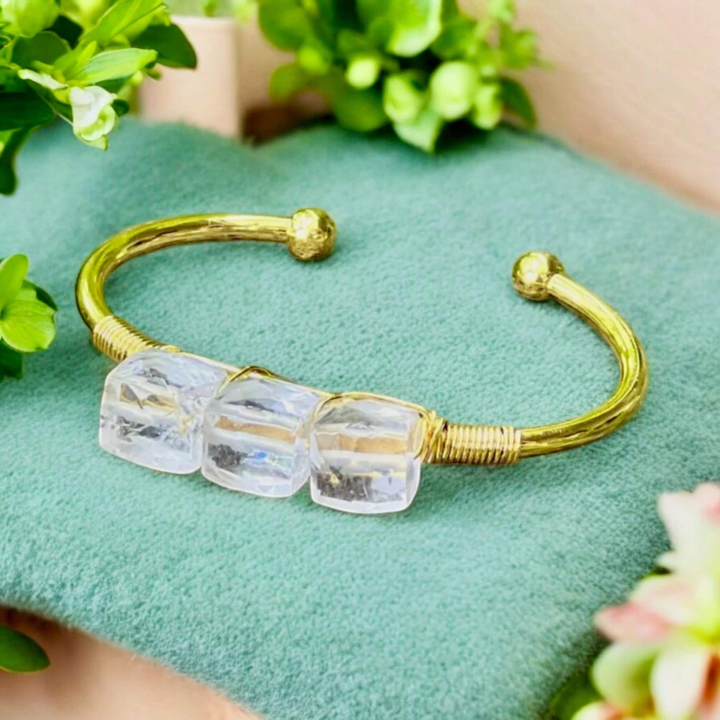 Handmade Gold Plated Quartz Cube Cuff Bangle - Crystal Healing