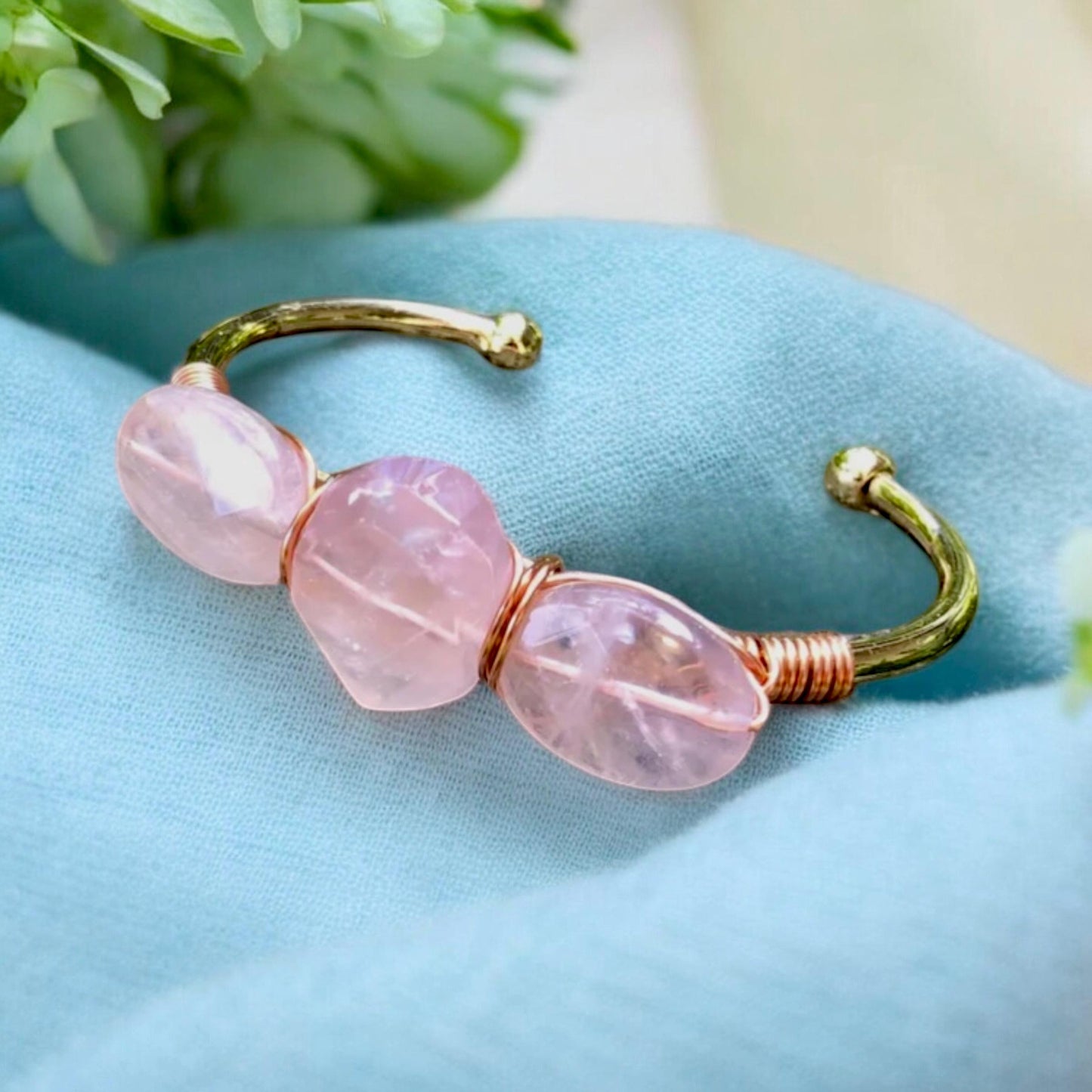 Rose Quartz Three-Stone Cuff Bangle | Handmade Crystal Bracelet | Luna by Louise, Crystal Shop UK