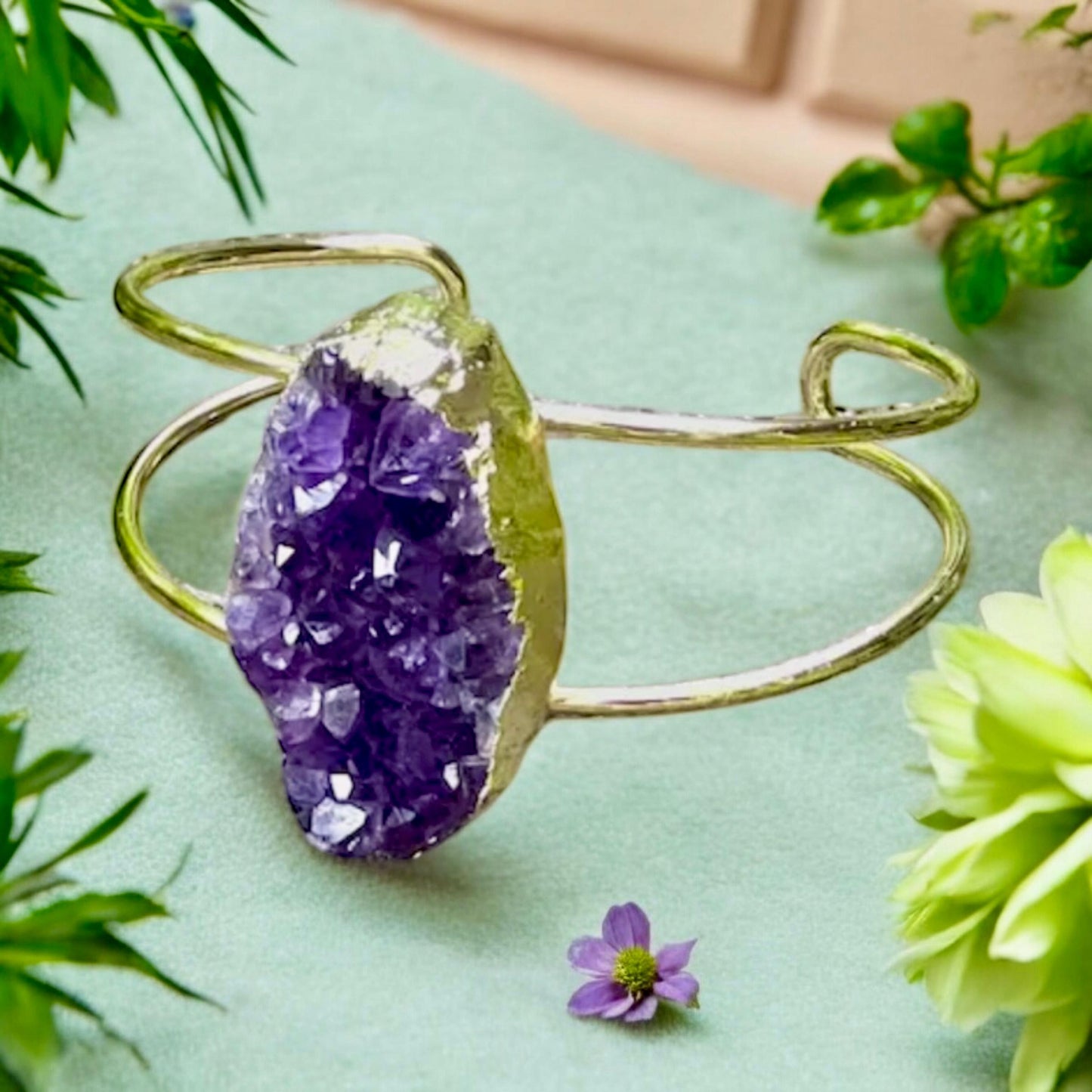 Amethyst Druzy Cuff Bangle: Crystal Healing Bangle. Handmade Gold Plated
