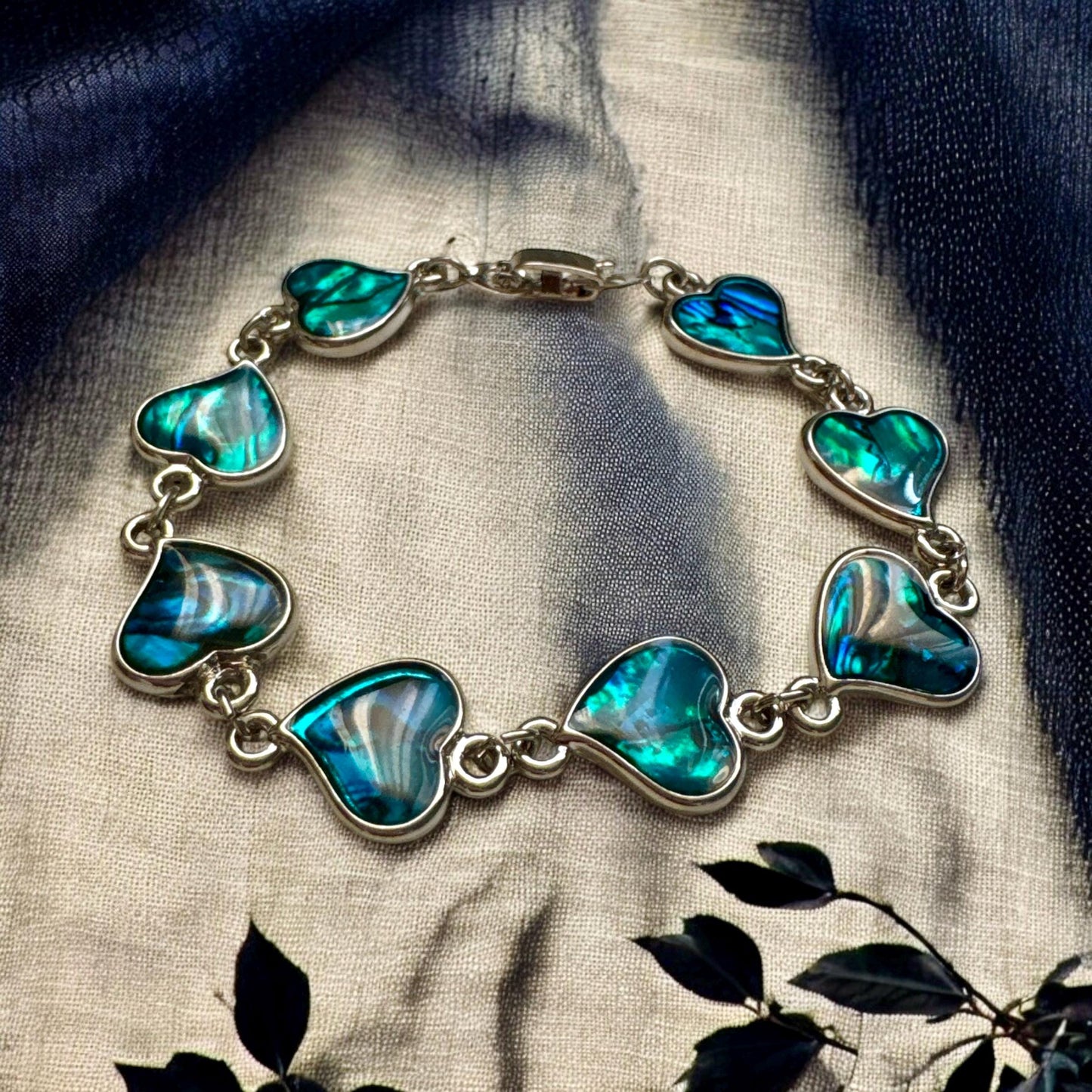 Abalone Heart Bracelet: Ocean Blue Shell, Handmade Silver Bracelet (15cm)