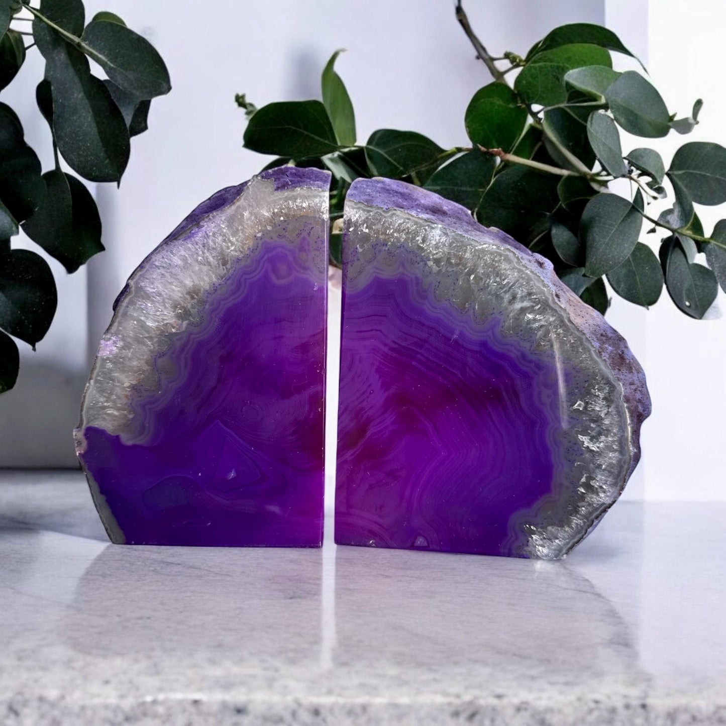 Purple Agate & Quartz Geode Bookends: Crystal Decor Set