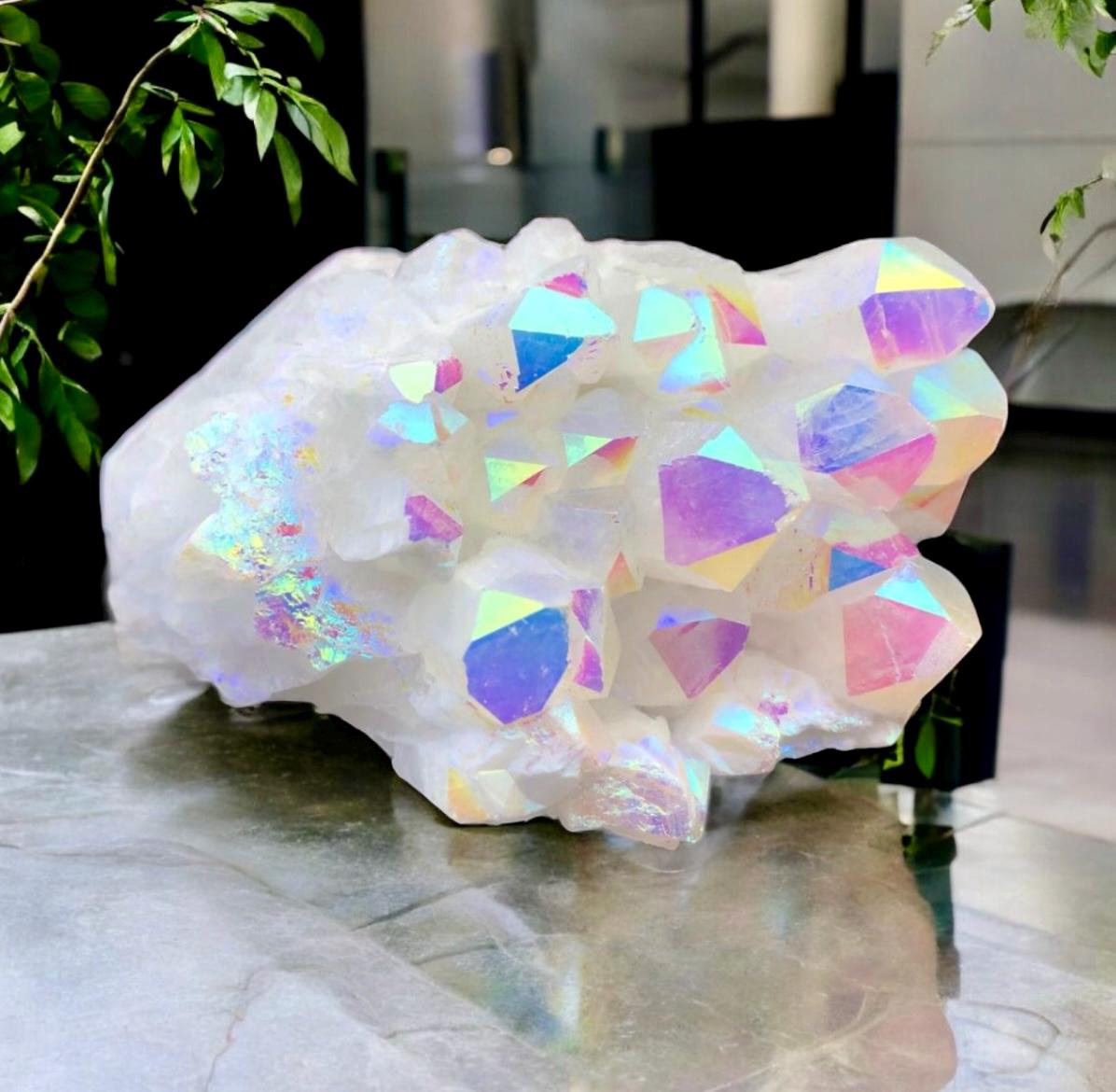 Angel Aura White Quartz Cluster: Iridescent Crystal Healing