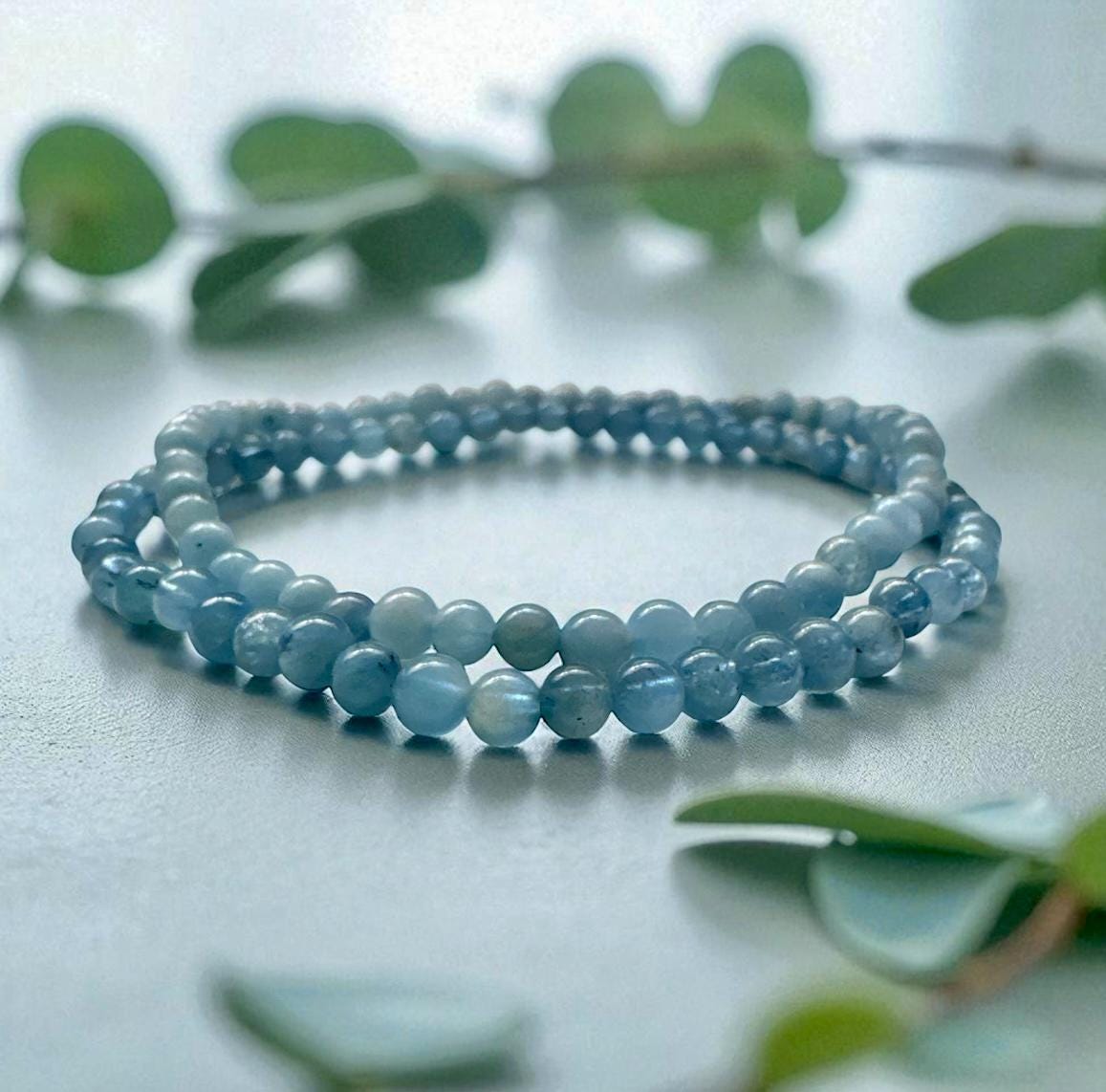 Aquamarine Crystal 3mm Bead Bracelet: Calm Energy, Luna by Louise 7.5"