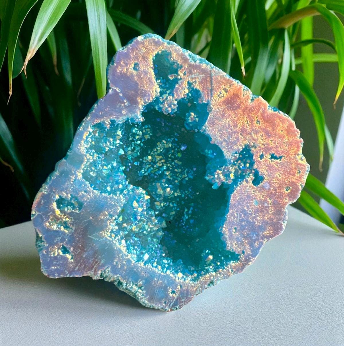 Powder Blue Aura Geode: Ethereal Crystal Keepsake - Gift Boxed