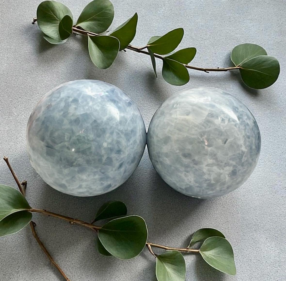 Blue Calcite Sphere – Polished Healing Crystal Ball for Calm, Peace & Communication | Soothing Crystal Energy. 70-80mm