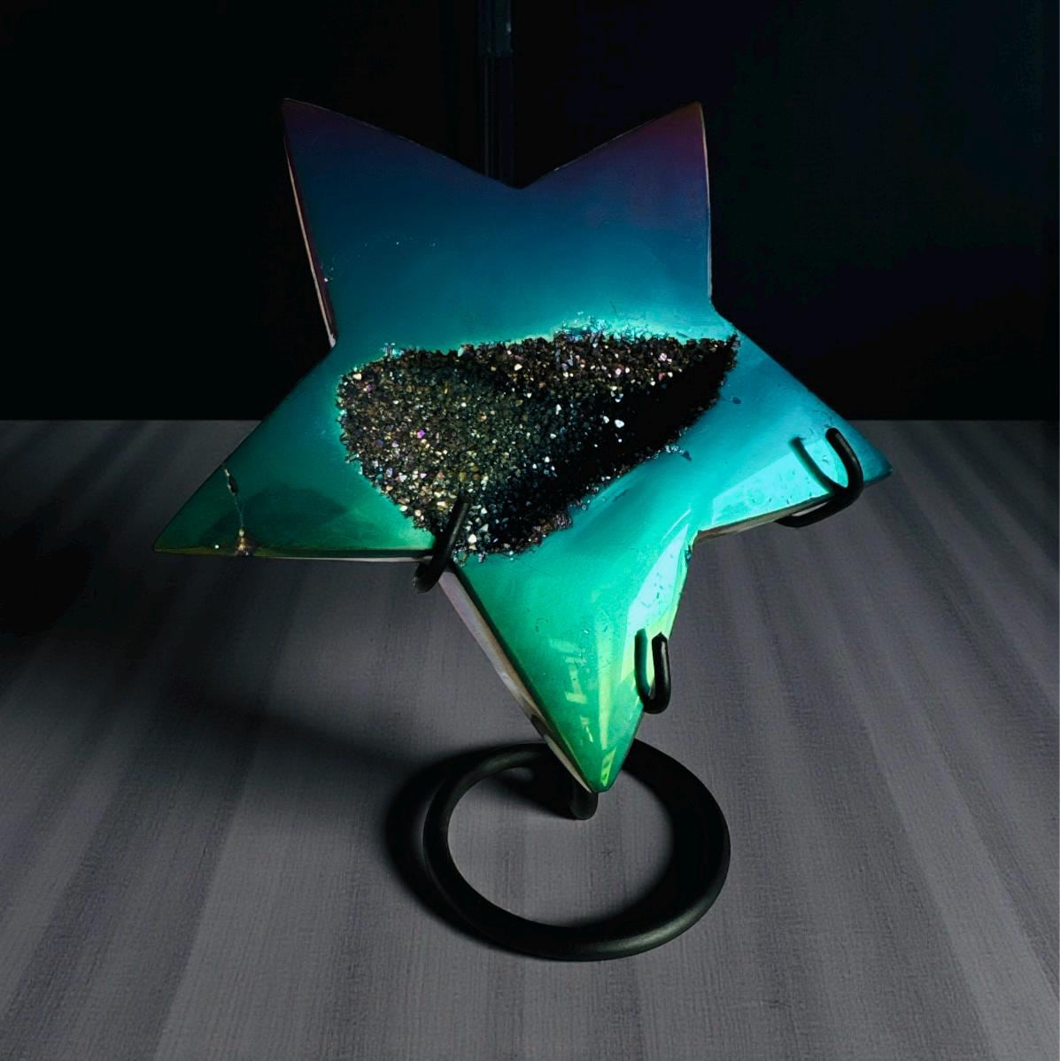 Aura Agate Druze Star Crystal: Titanium Star on Stand – 15cm