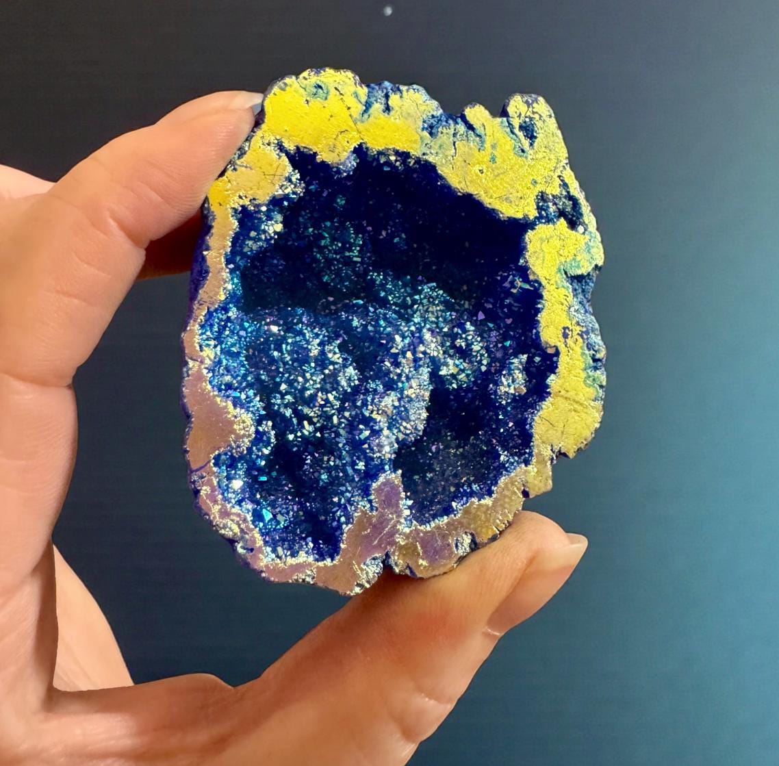 Aura Quartz Geode Gift Box, Rainbow Crystal Decor, Spiritual Keepsake, Luna by Louise UK