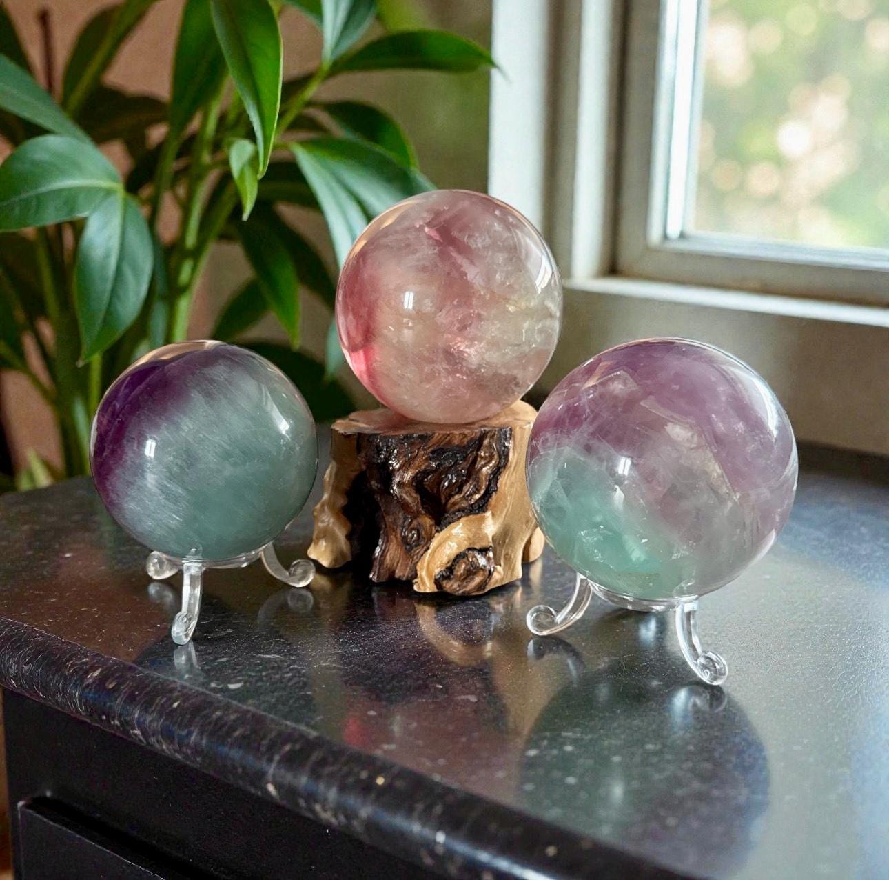 Watermelon Fluorite Sphere – Healing Crystal, Optional Light Stand (55-65mm