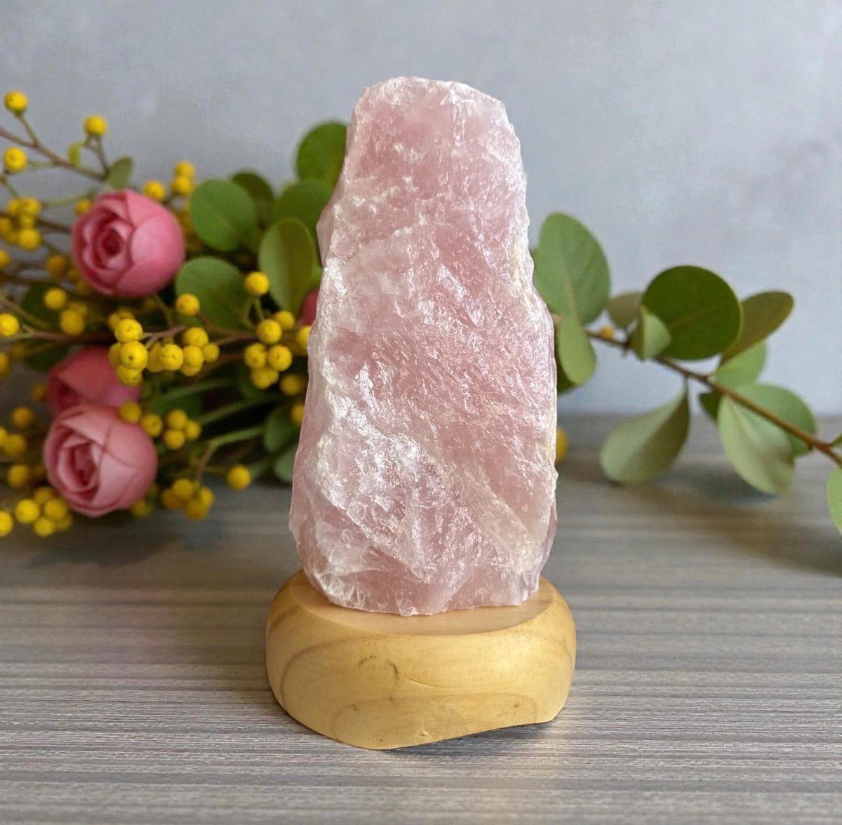 Rose Quartz Crystal Lamp - 1.4kg-1.8kg: On wooden Stand, E14 LED Bulb and Mains Plug