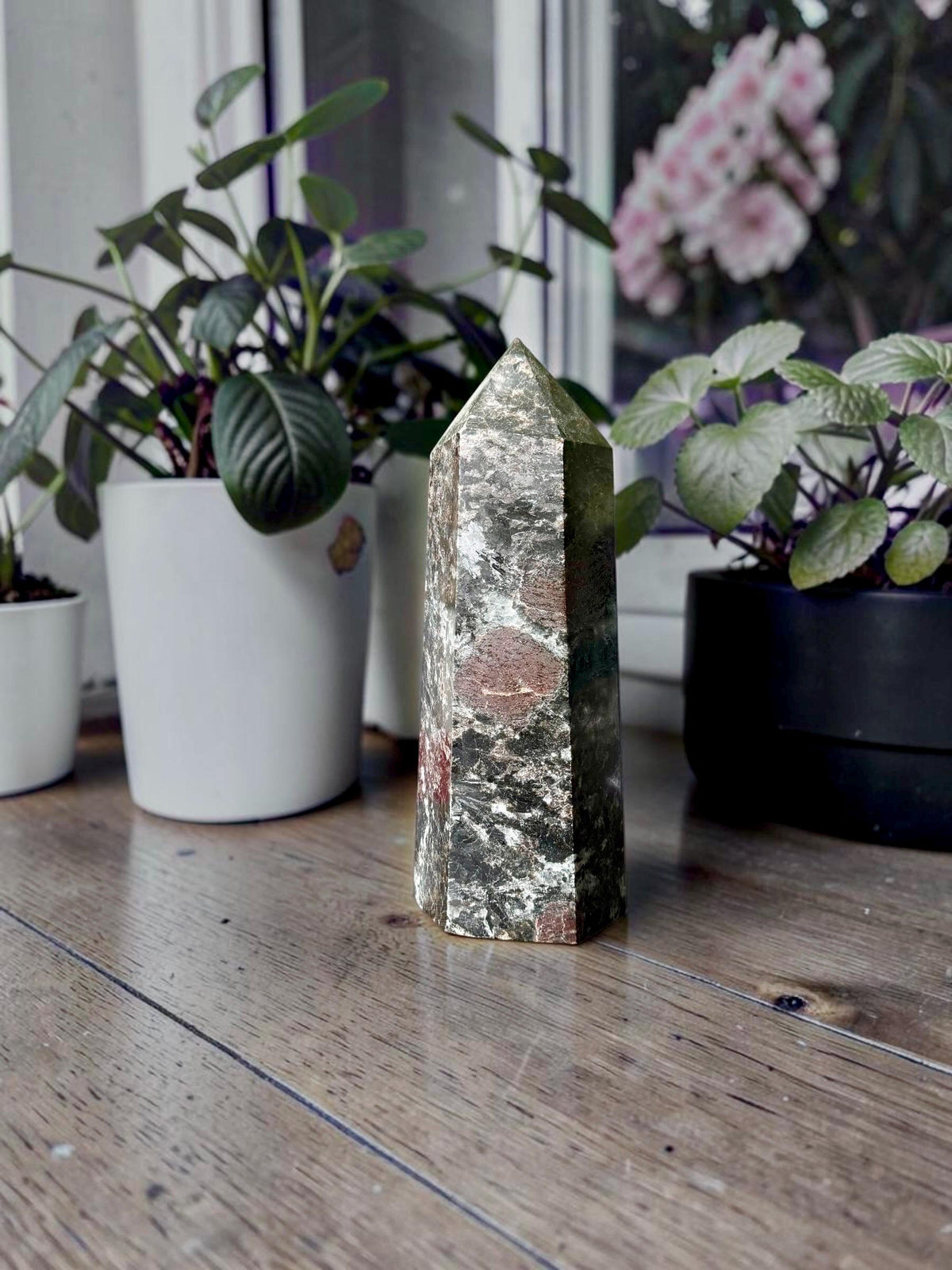 Astrophyllite Blue Arfvedsonite and Garnet Crystal Tower – Large Statement Decor, Silver-Blue Flash, Inner Clarity