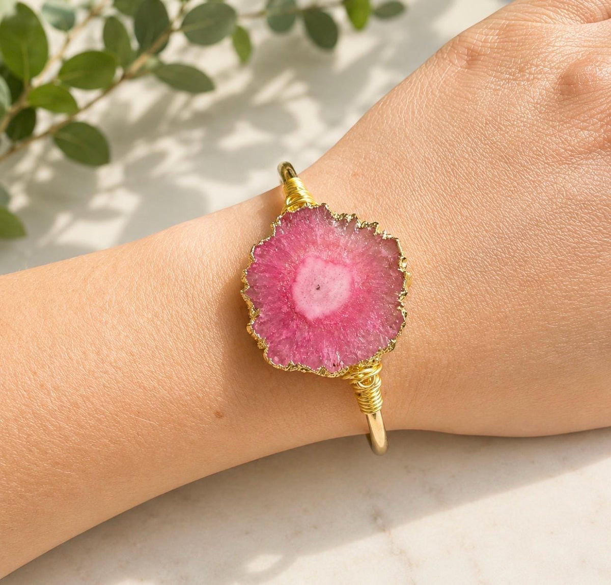 Handmade Pink Agate Cuff Bangle: Gold Plated Crystal Bracelet