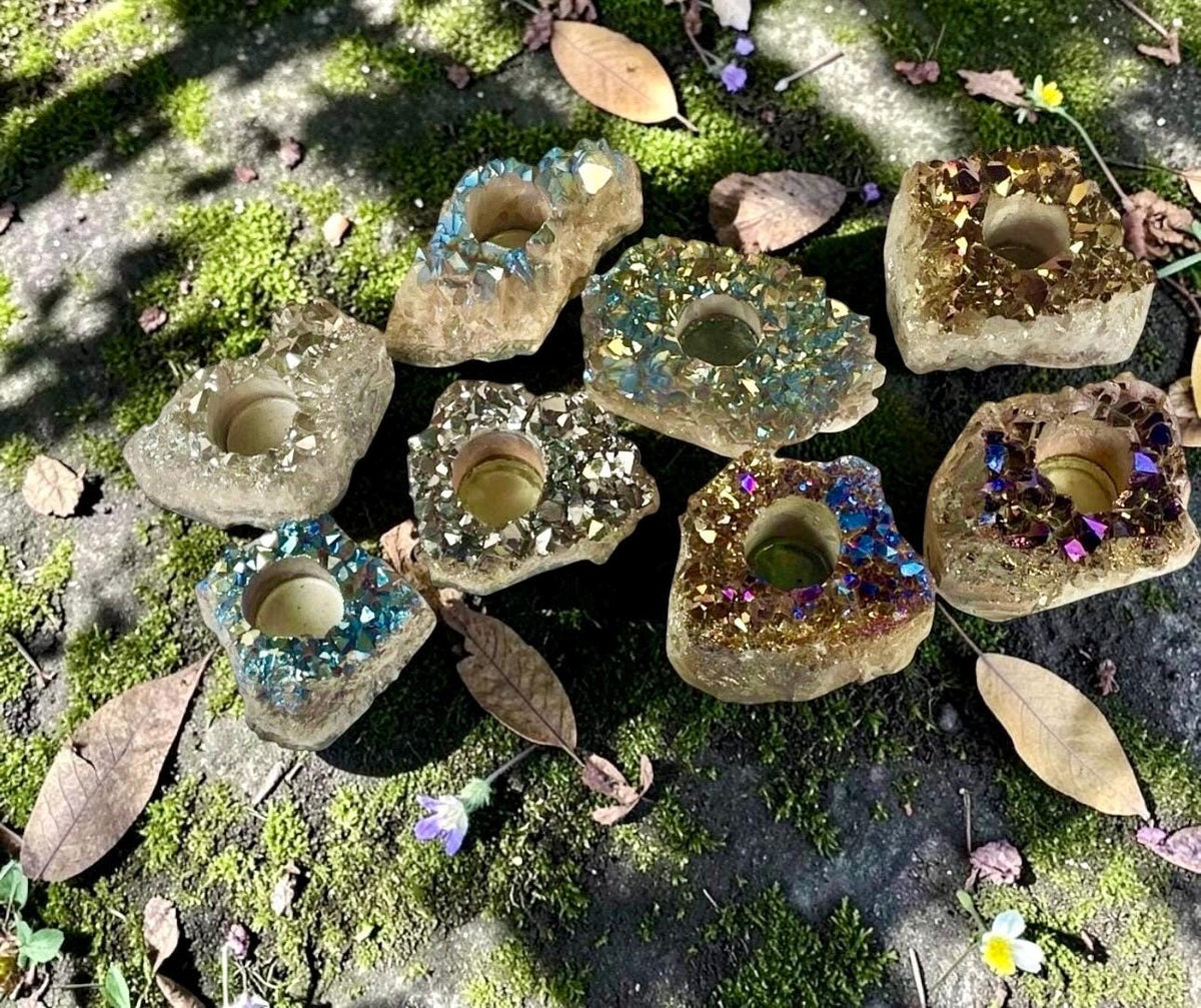 Rainbow Aura Amethyst Candle Holder - Beautifully Unique Aura Amethyst Candle Holder. One of a Kind Crystal. Rare Find