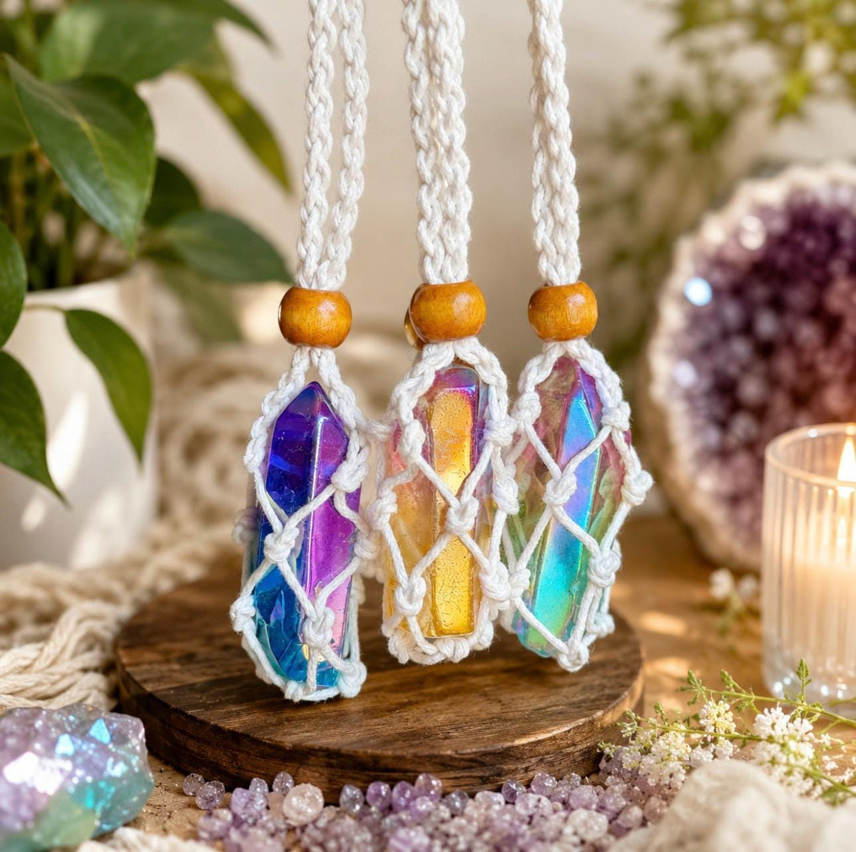 Aura Quartz Pendant Necklace | Aura Crystal Necklace | Macramé Crystal Pendant | Rainbow Aura Quartz Point | Gift for Her