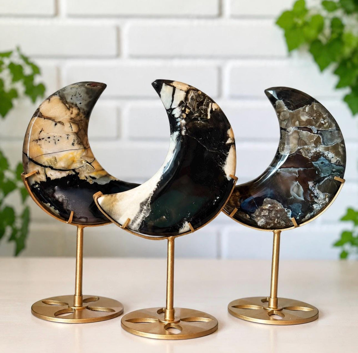 Large Volcano Agate Crystal Moon on Stand – 20cm Statement Crystal | One-of-a-Kind Home Décor
