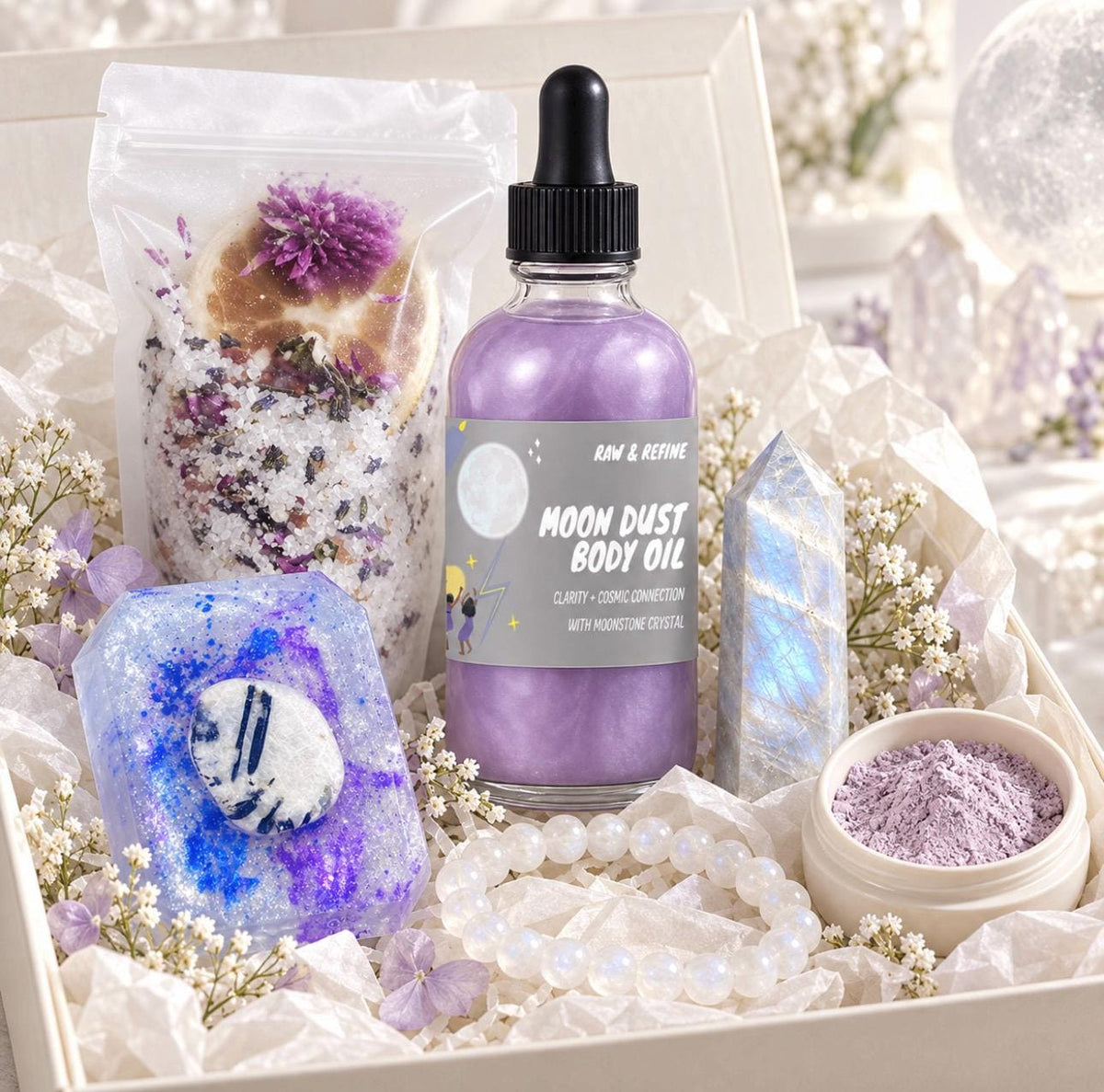 Moon Dust Crystal Spa Box, Moonstone Body Oil, Botanical Bath Salts, Amethyst Face Mask, Moonstone Bracelet, Gift for Her