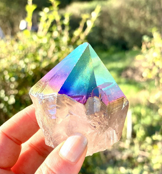 Amethyst Crystal Point: Celestial Aura Cut Base, Ethereal Purple Decor