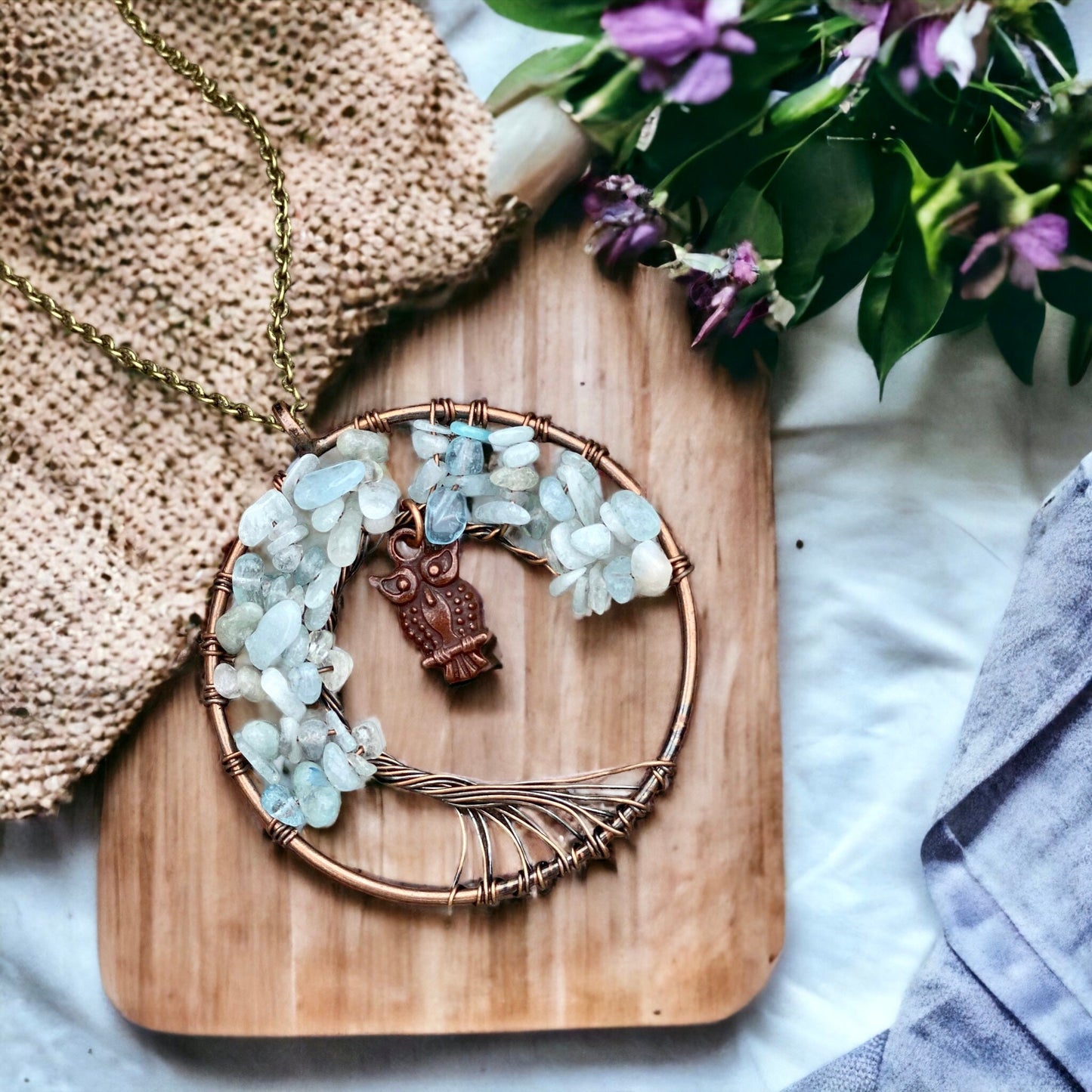 Aquamarine Tree of Life Pendant with Owl Charm: Boho Crystal Necklace