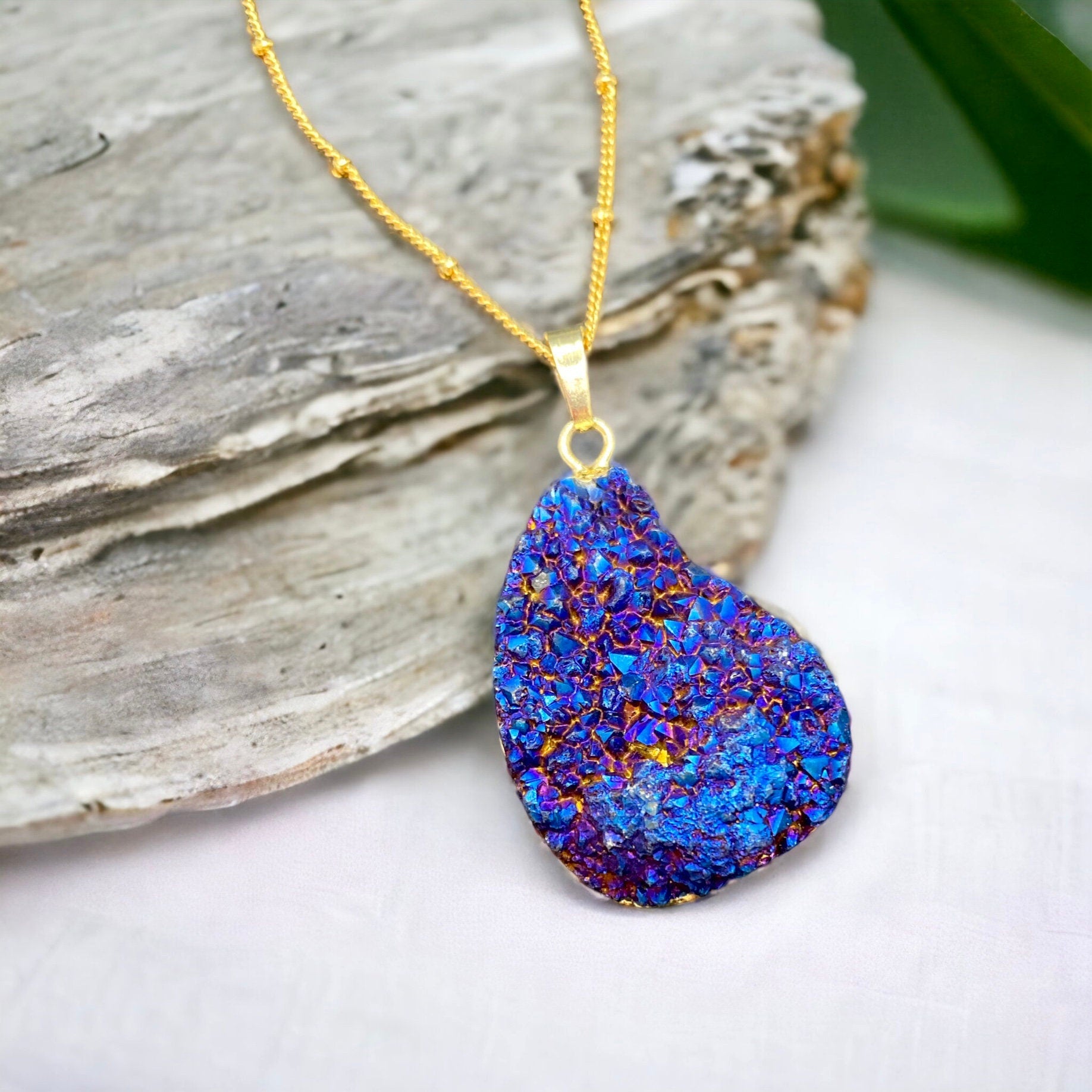 Cobalt Aura Quartz Druze Pendant | Iridescent Crystal Necklace | Luna by Louise, Crystal Shop UK