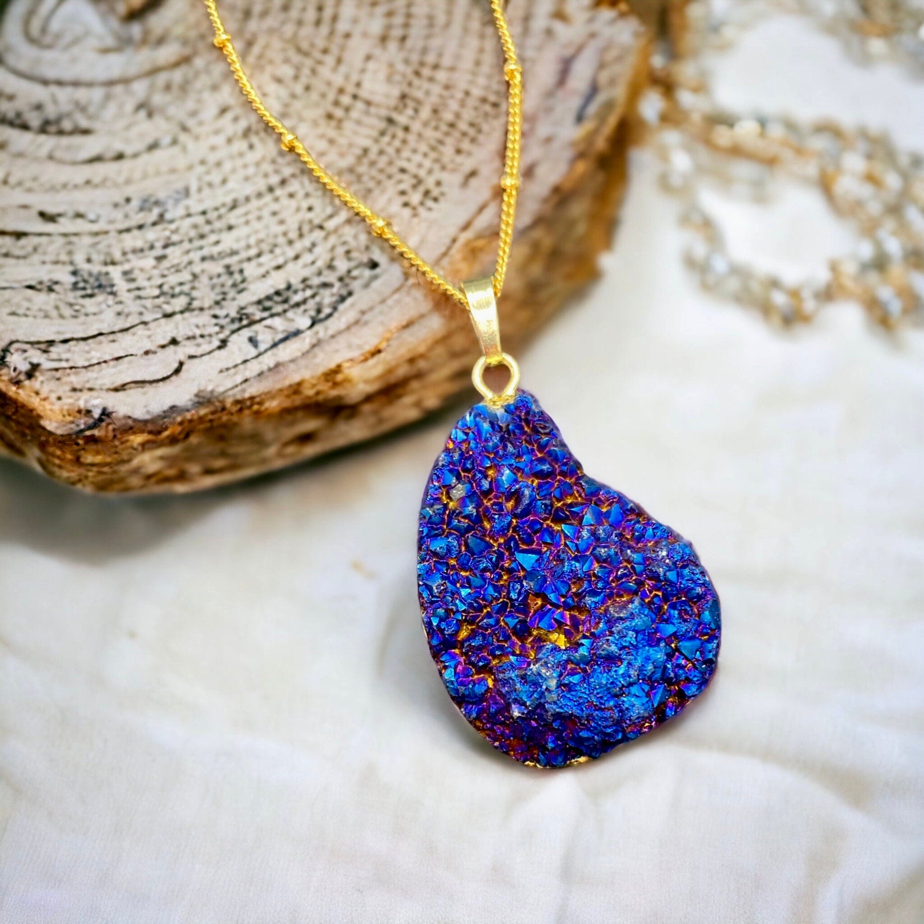 Cobalt Aura Quartz Druze Pendant | Iridescent Crystal Necklace | Luna by Louise, Crystal Shop UK