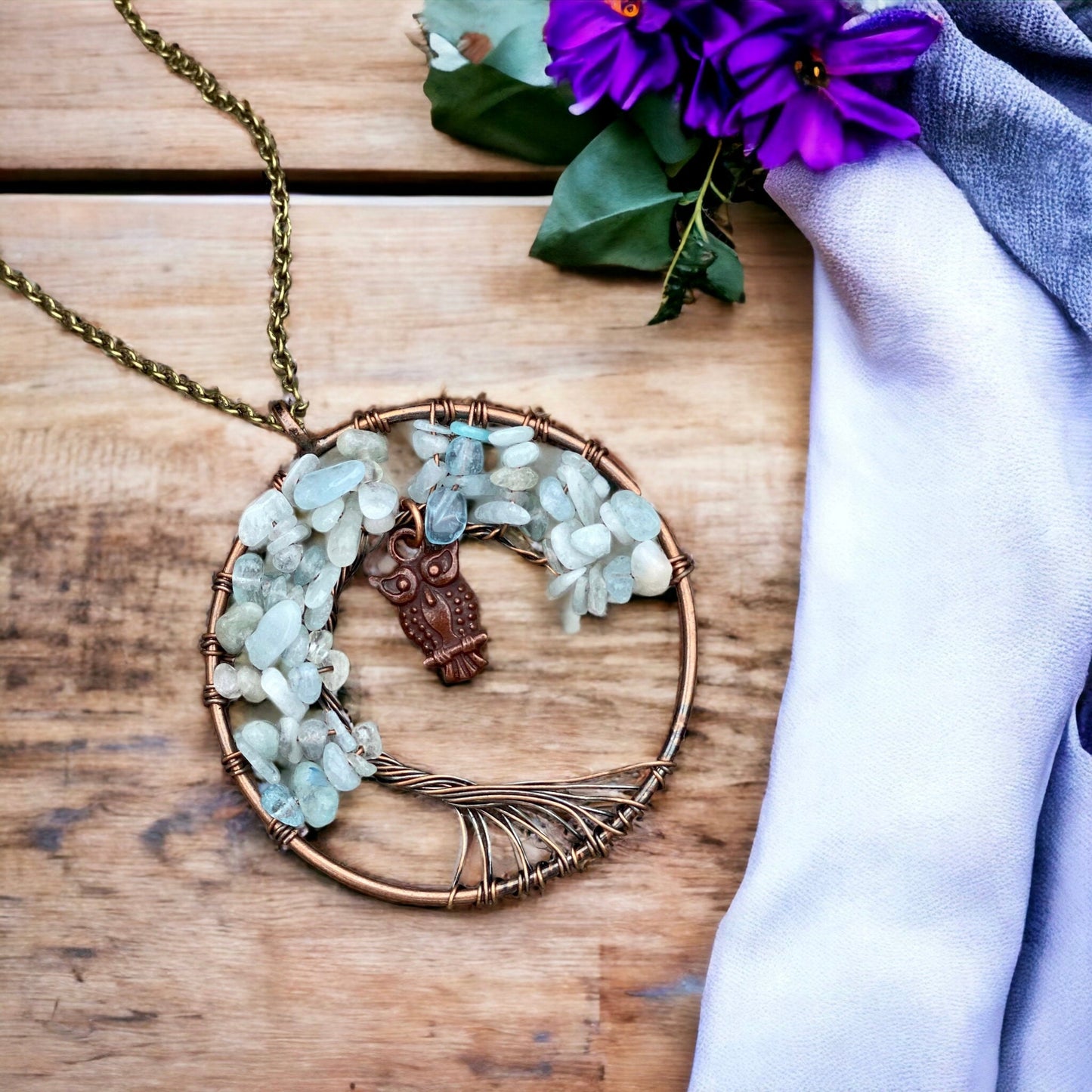 Aquamarine Tree of Life Pendant with Owl Charm: Boho Crystal Necklace