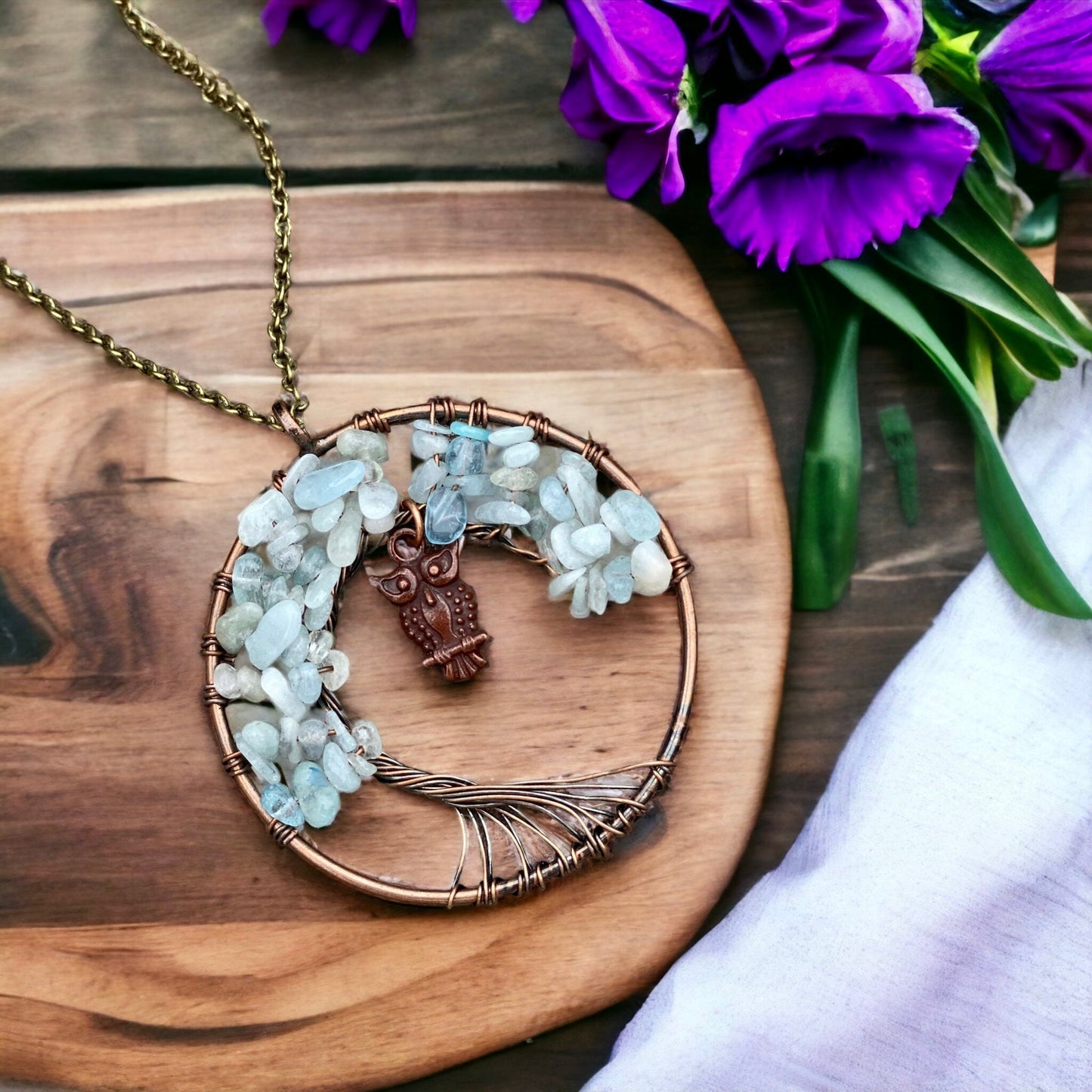 Aquamarine Tree of Life Wire Wrapped Crystal Pendant with Owl Charm - Polished Aquamarine Chips, Luna by Louise, Crystal Shop UK