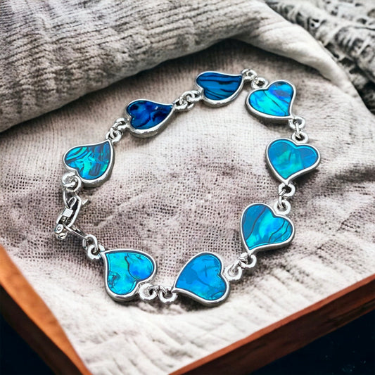 Abalone Heart Bracelet: Ocean Blue Shell, Handmade Silver Bracelet (15cm)