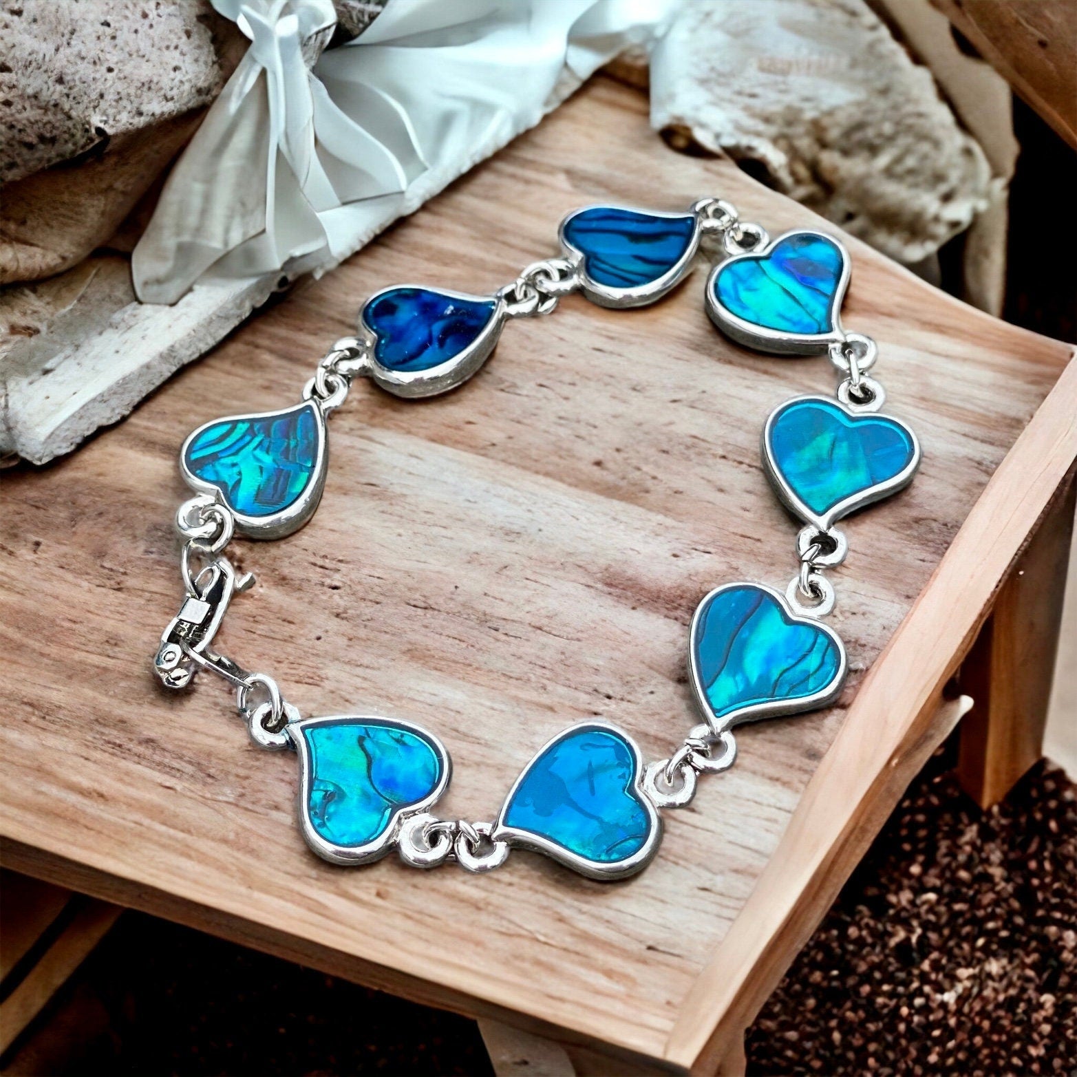 Abalone Ocean Blue Heart Bracelet - Blue Abalone Heart Charm Bracelet