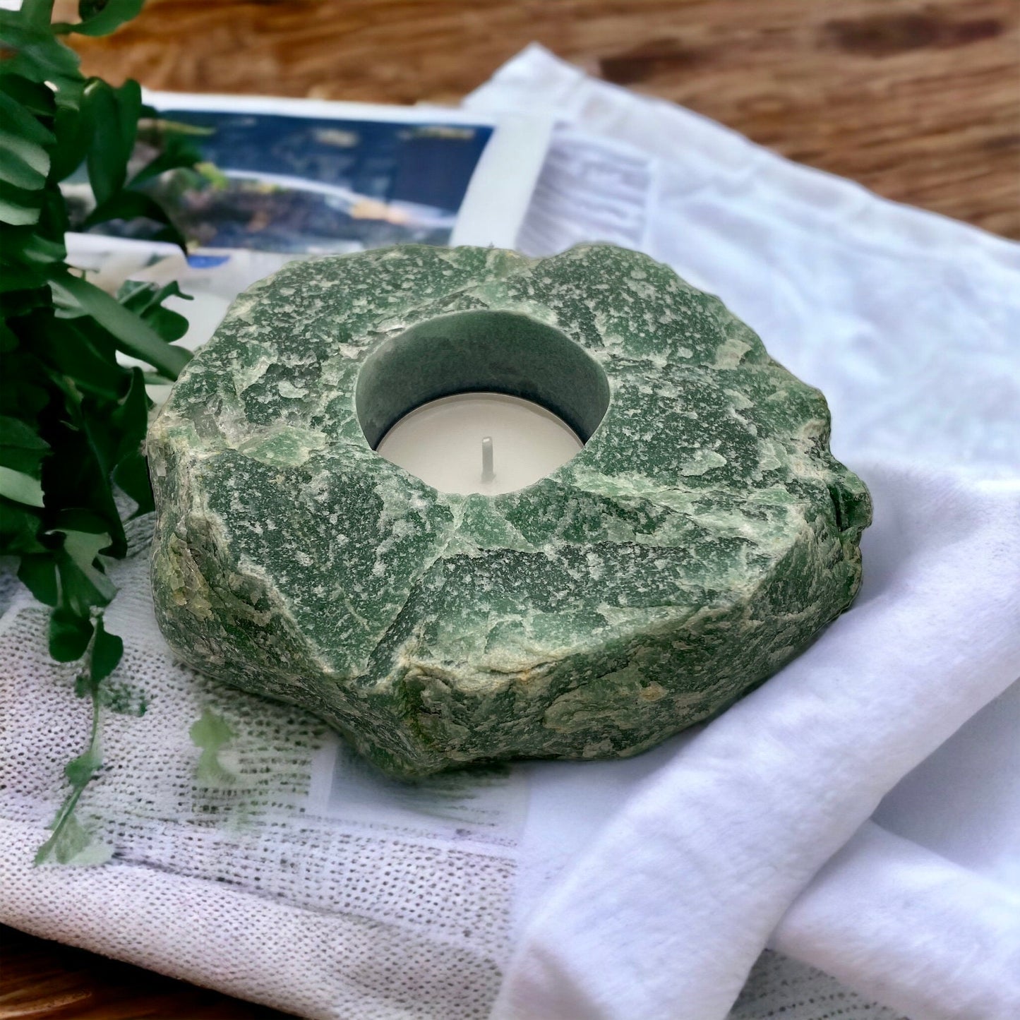 Raw Green Aventurine Crystal Candle Holder: Natural Home Decor