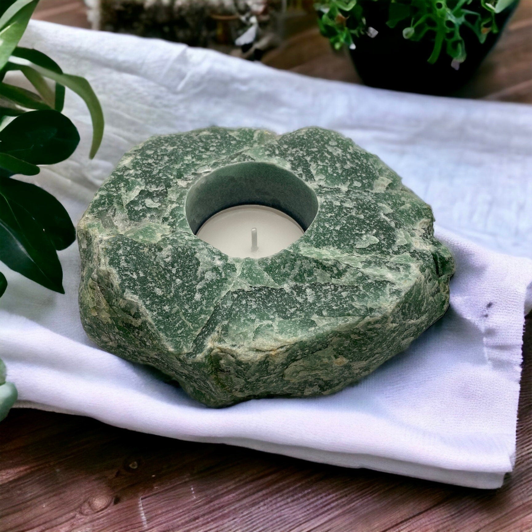 Raw Green Aventurine Crystal Candle Holder: Natural Home Decor