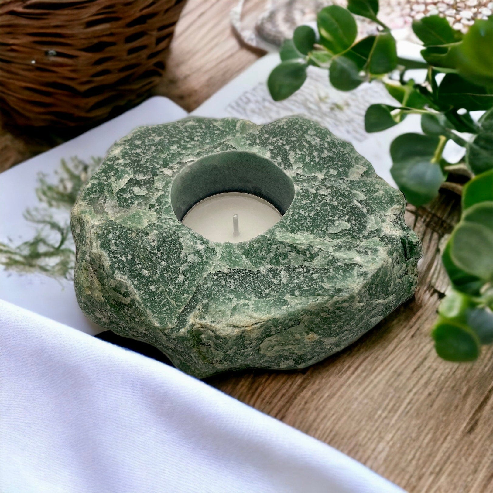Raw Green Aventurine Crystal Candle Holder: Natural Home Decor