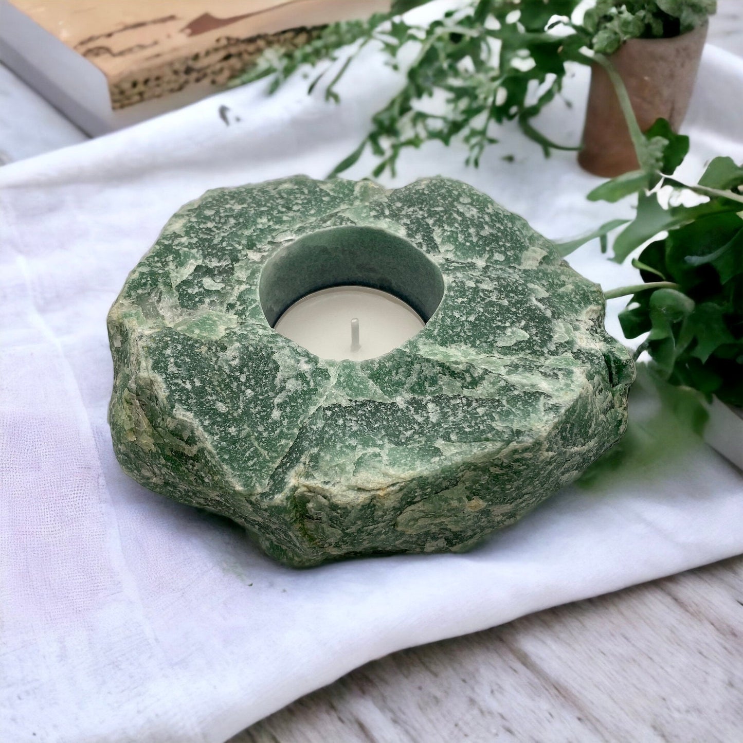 Raw Green Aventurine Crystal Candle Holder: Natural Home Decor