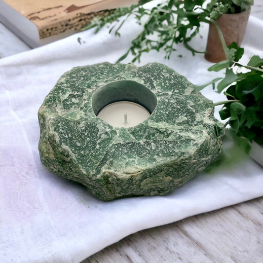 Raw Green Aventurine Crystal Candle Holder: Natural Home Decor