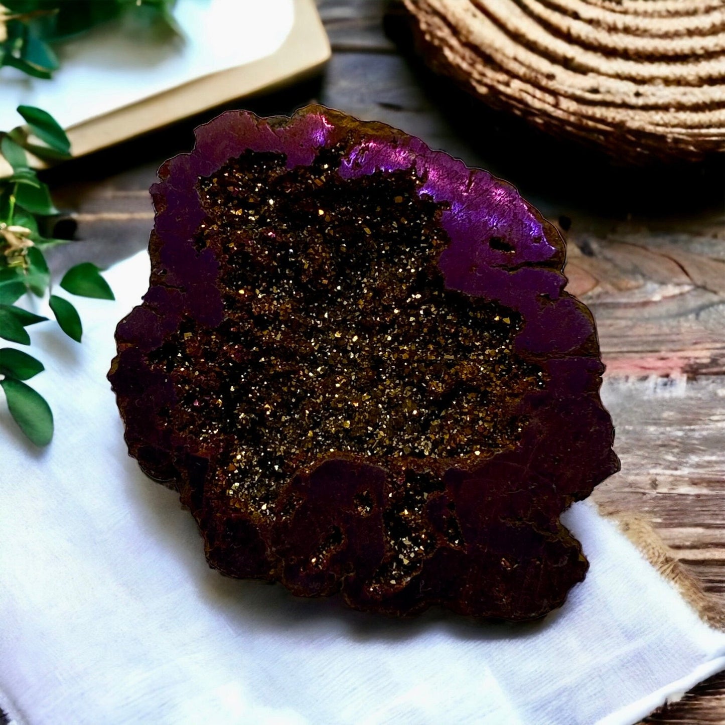 Deep Purple Aura Geode Slice - Special Boxed Aura Quartz Geode Druze Slice, Featuring a Unique and Dazzling Aura Crystal