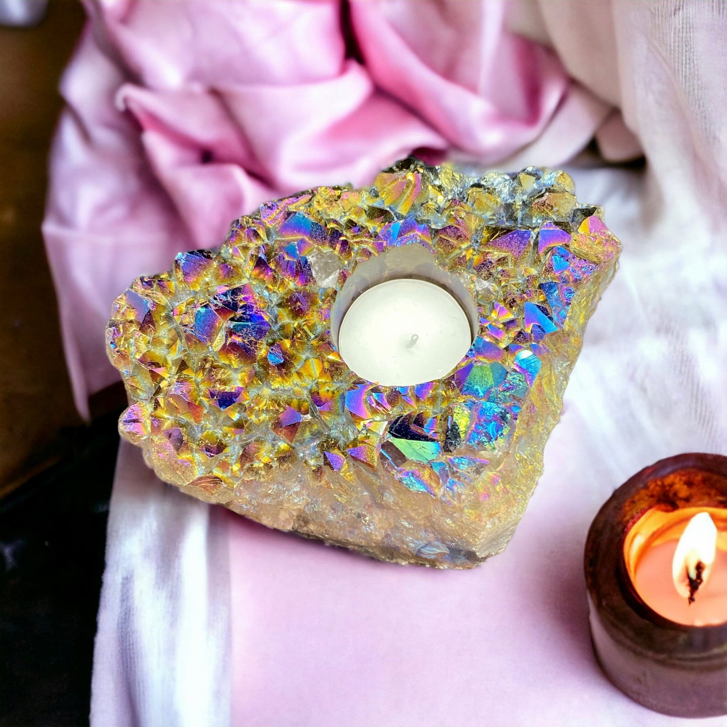 Rainbow Aura Amethyst Candle Holder - Beautifully Unique Aura Amethyst Candle Holder. One of a Kind Crystal. Rare Find