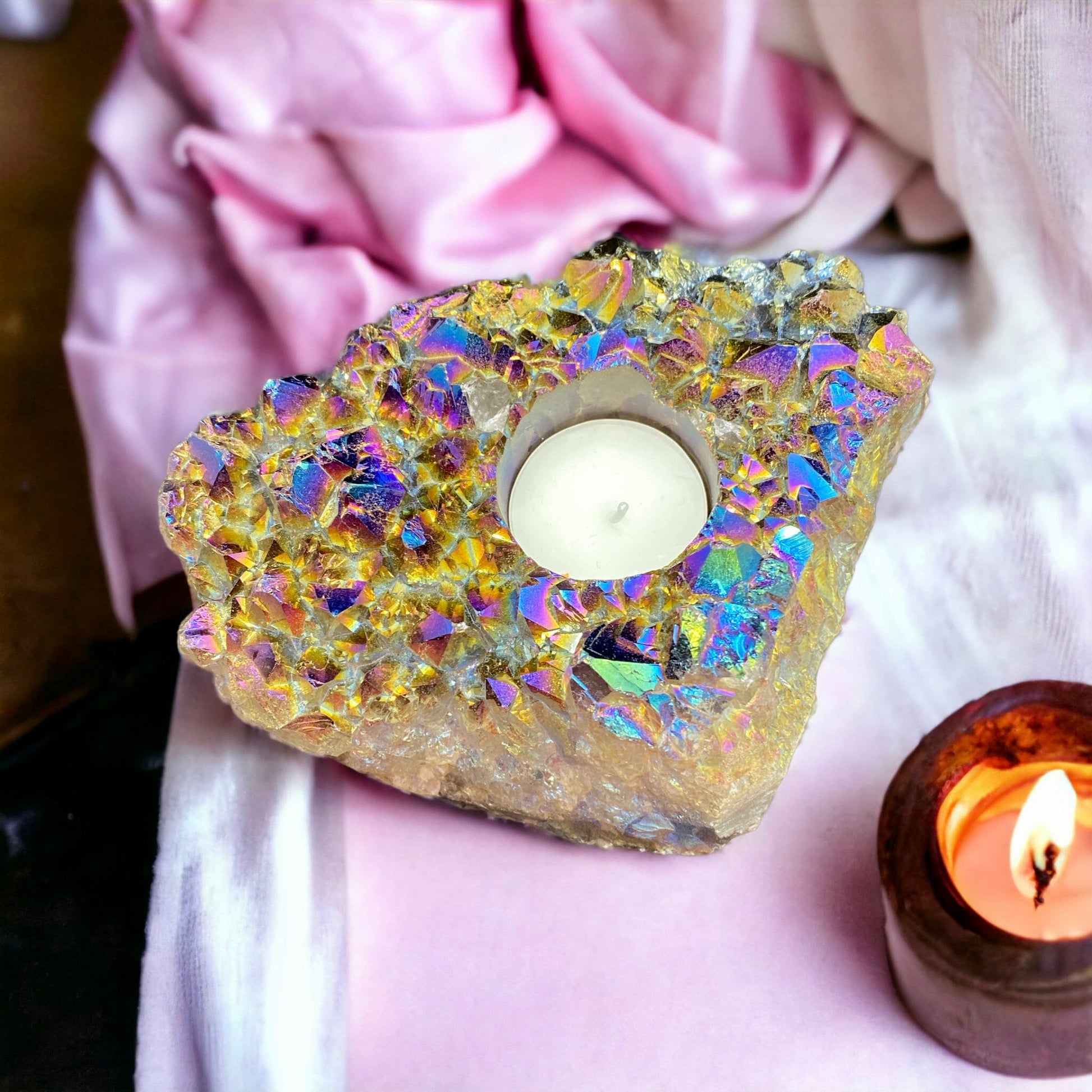 Rainbow Aura Amethyst Candle Holder - Beautifully Unique Aura Amethyst Candle Holder. One of a Kind Crystal. Rare Find