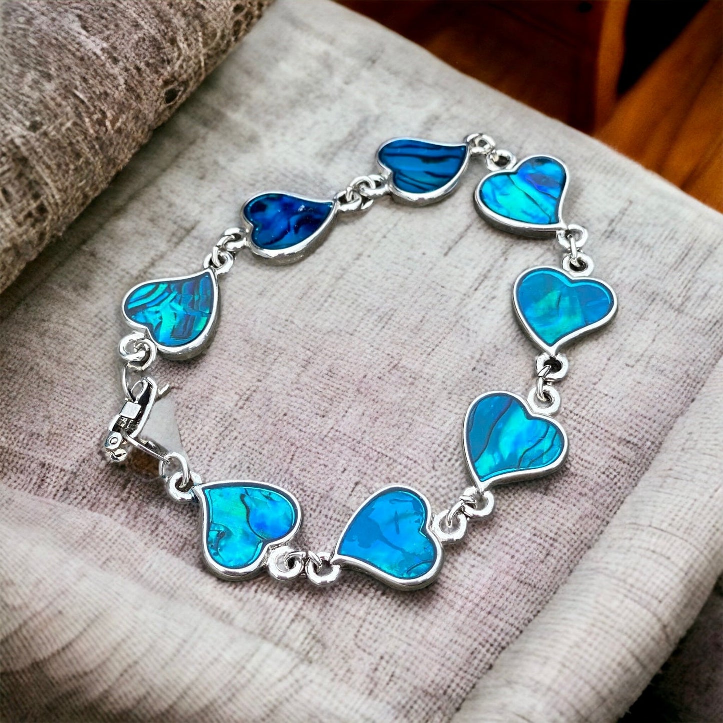 Abalone Heart Bracelet: Ocean Blue Shell, Handmade Silver Bracelet (15cm)