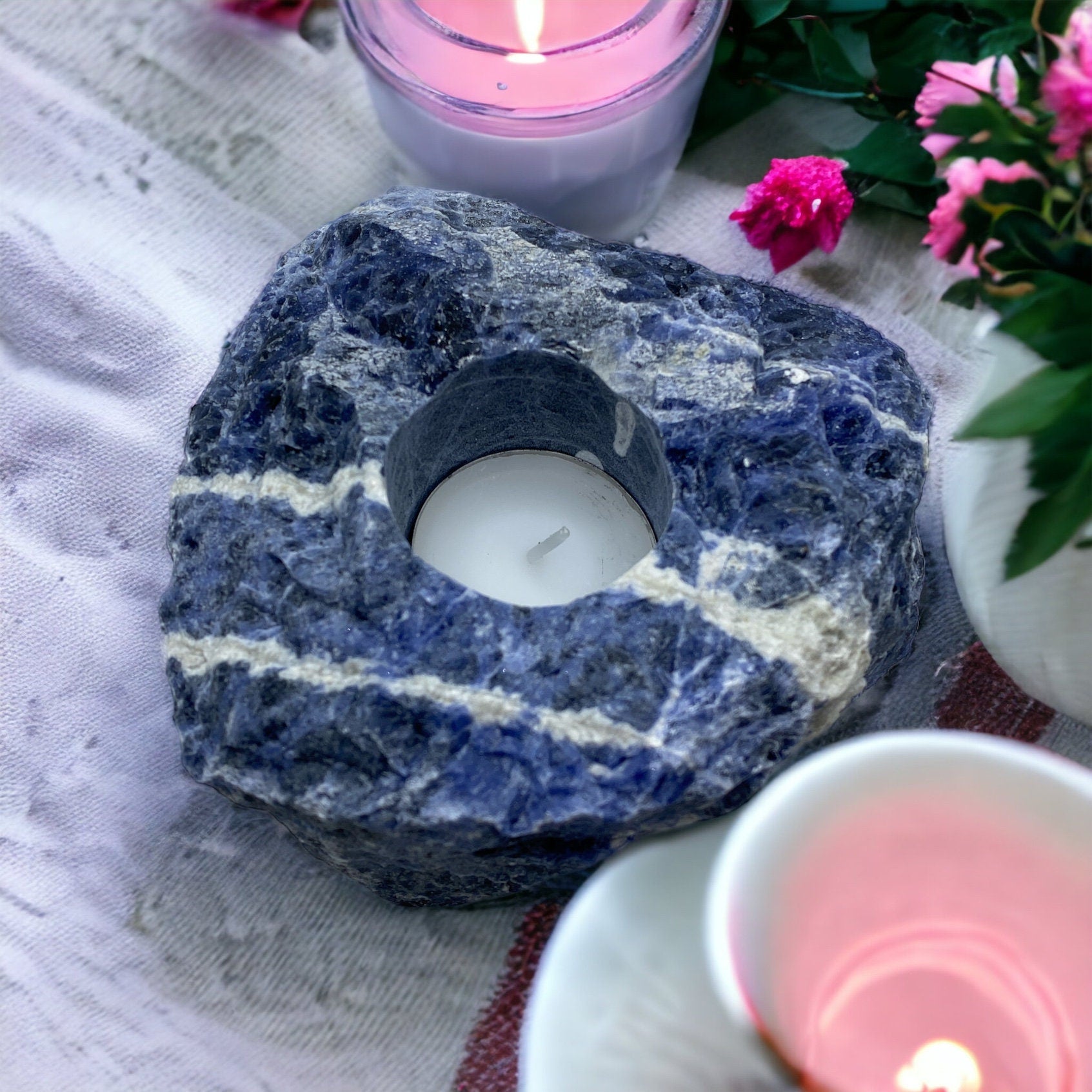 Raw Sodalite Crystal Candle Holder: Tranquility & Cosmic Energy