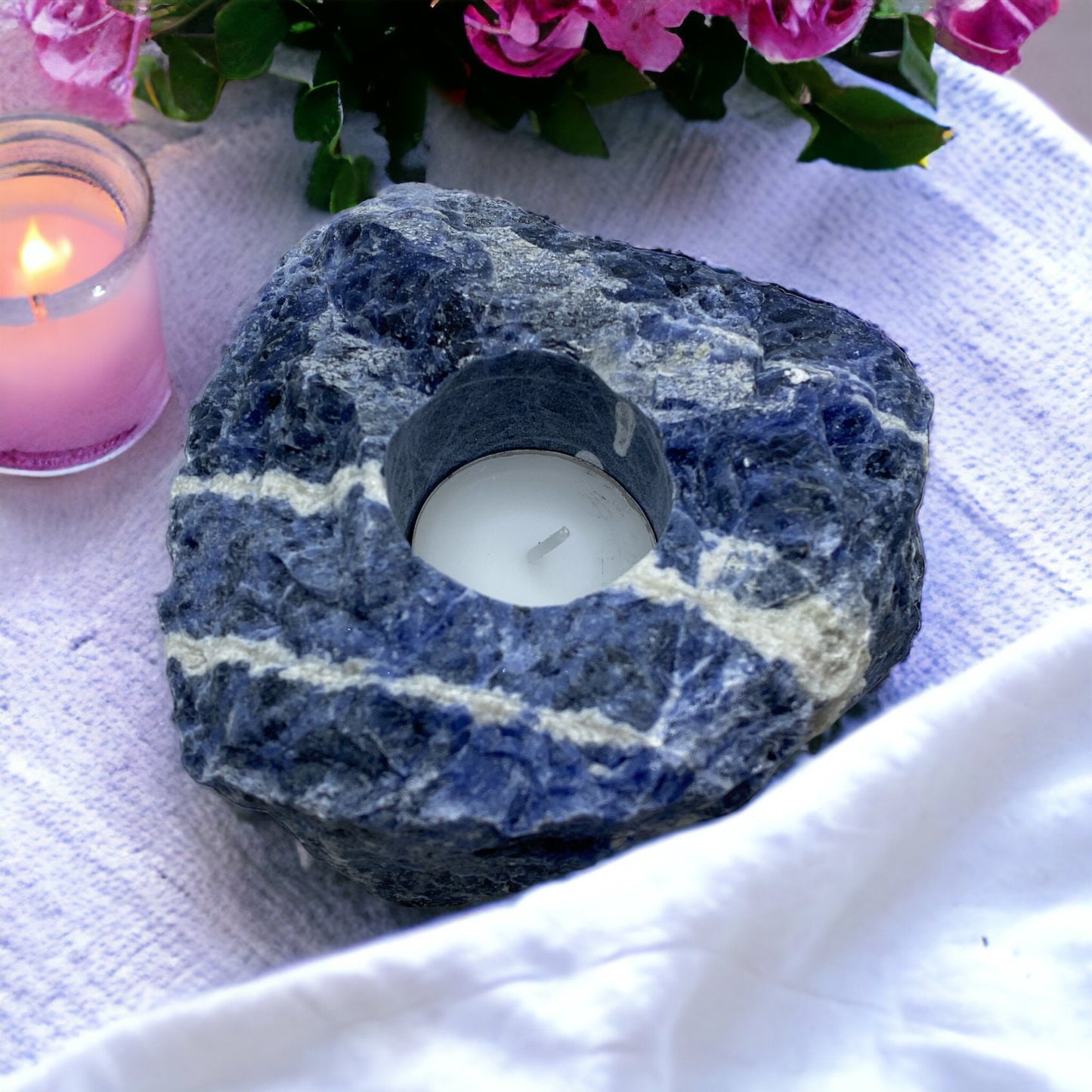 Raw Sodalite Crystal Candle Holder: Tranquility & Cosmic Energy