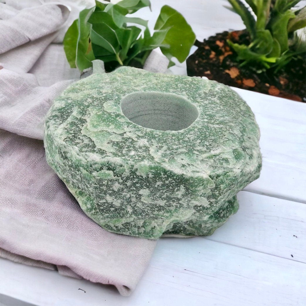 Raw Green Aventurine Crystal Candle Holder: Natural Home Decor
