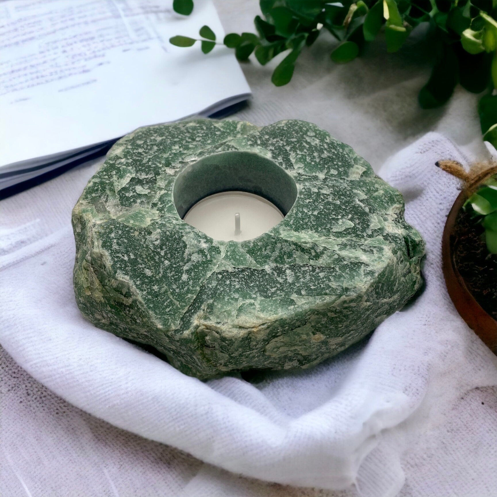 Raw Green Aventurine Crystal Candle Holder: Natural Home Decor
