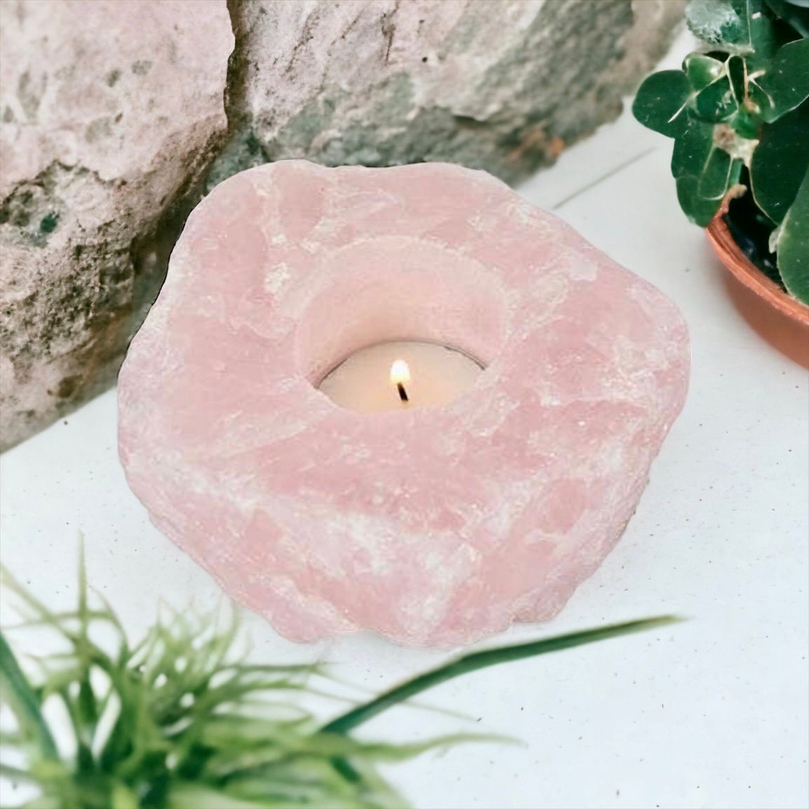 Rose Quartz Crystal Candle Holder - The &#39;Stone of Love&#39; Pink Crystal Candle Holder, Luna by Louise Crystal Shop UK