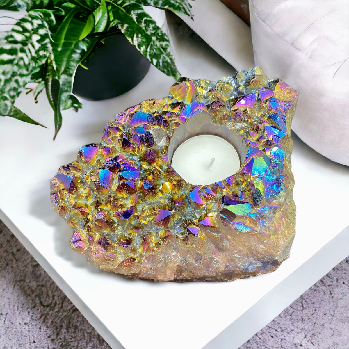 Rainbow Aura Amethyst Candle Holder - Beautifully Unique Aura Amethyst Candle Holder. One of a Kind Crystal. Rare Find