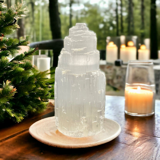 Selenite Mountain Carved Lamp - 25 cm/10 Inches - Comes with Cord, White LED Bulb, and a Free LED Neon Candle